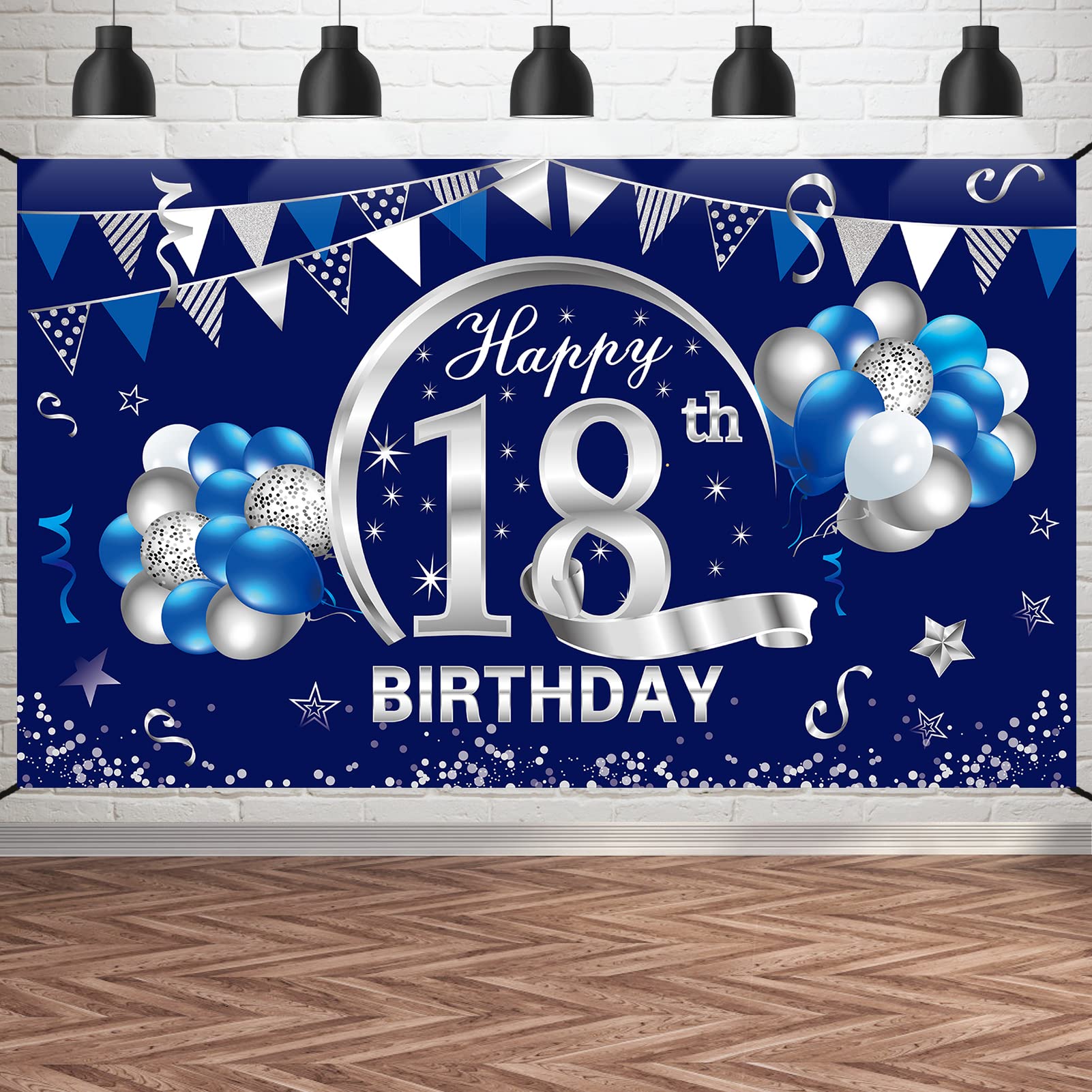 Blue Silver 18th Birthday Banner Decorations for Men Boy - Happy 18 Birthday Backdrop Party Supplies - Eighteen Birthday Poster Photo Props Background