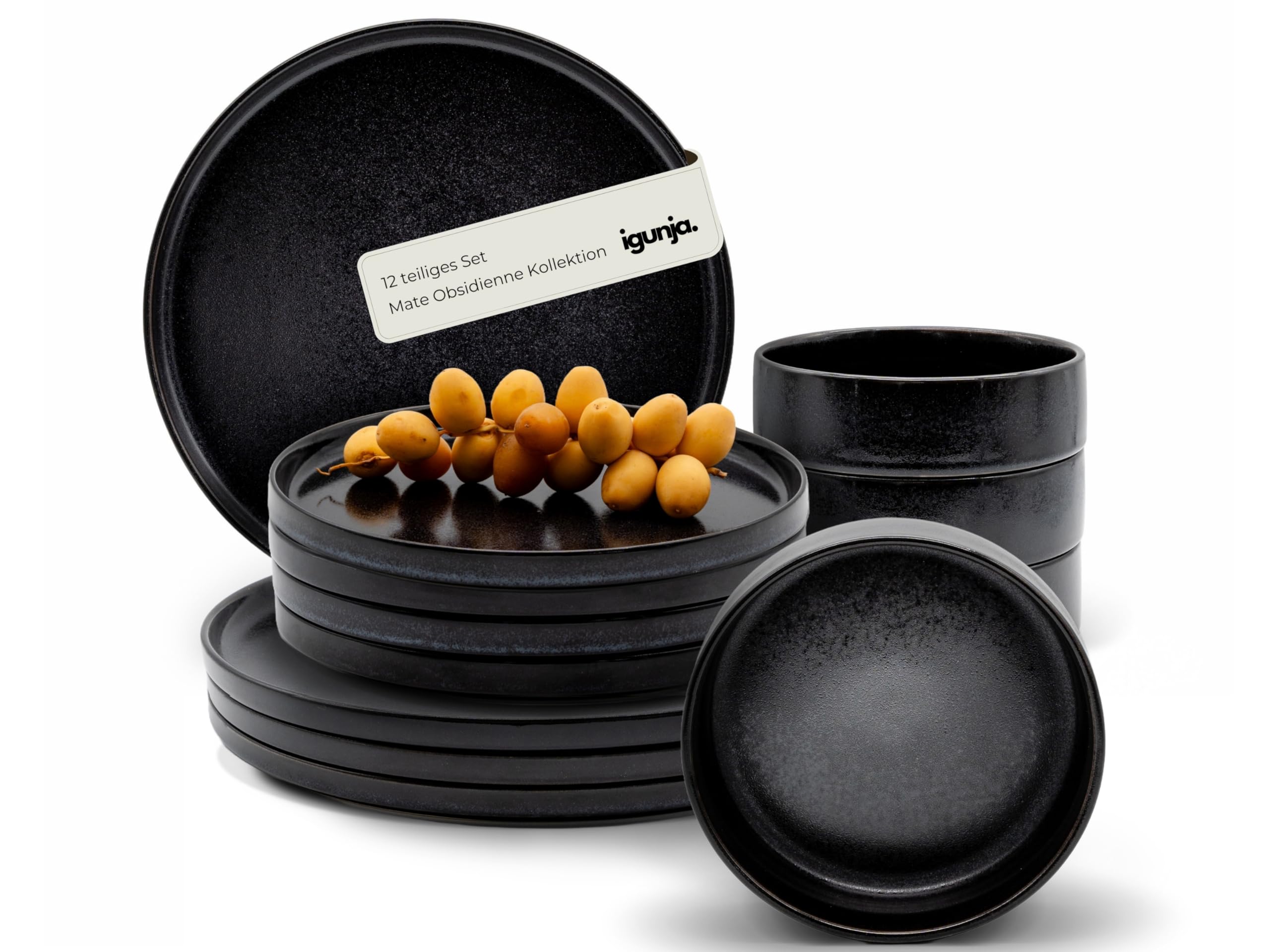Steingut Geschirr Set Schwarz [12 teilig für 4 Personen] 100% Handfertigung Premium reaktive Glasur