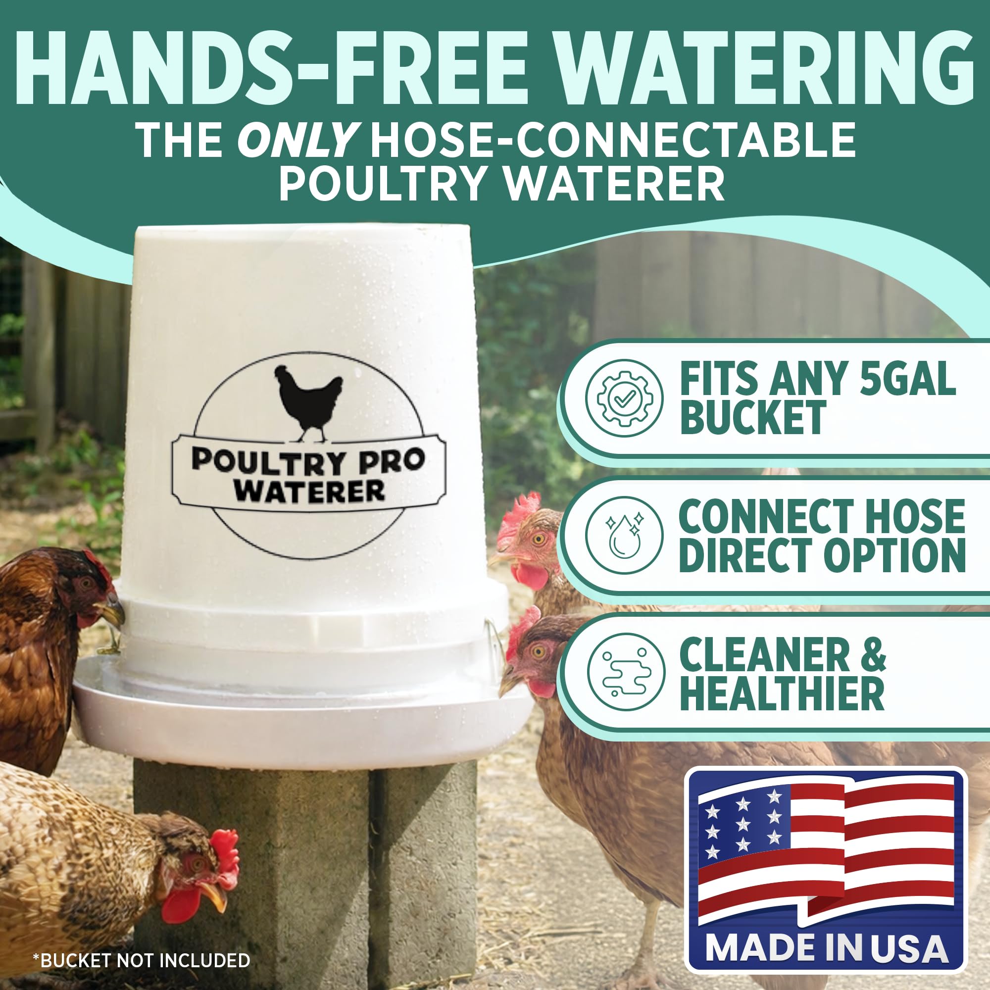 Poultry Pro - Bebedero de pollo para cubo de 5 galones, como se ve en Shark Tank, agua alimentada por gravedad manos libres para pollos, patos y pájaros pequeños, comedero de aves de corral, comedero