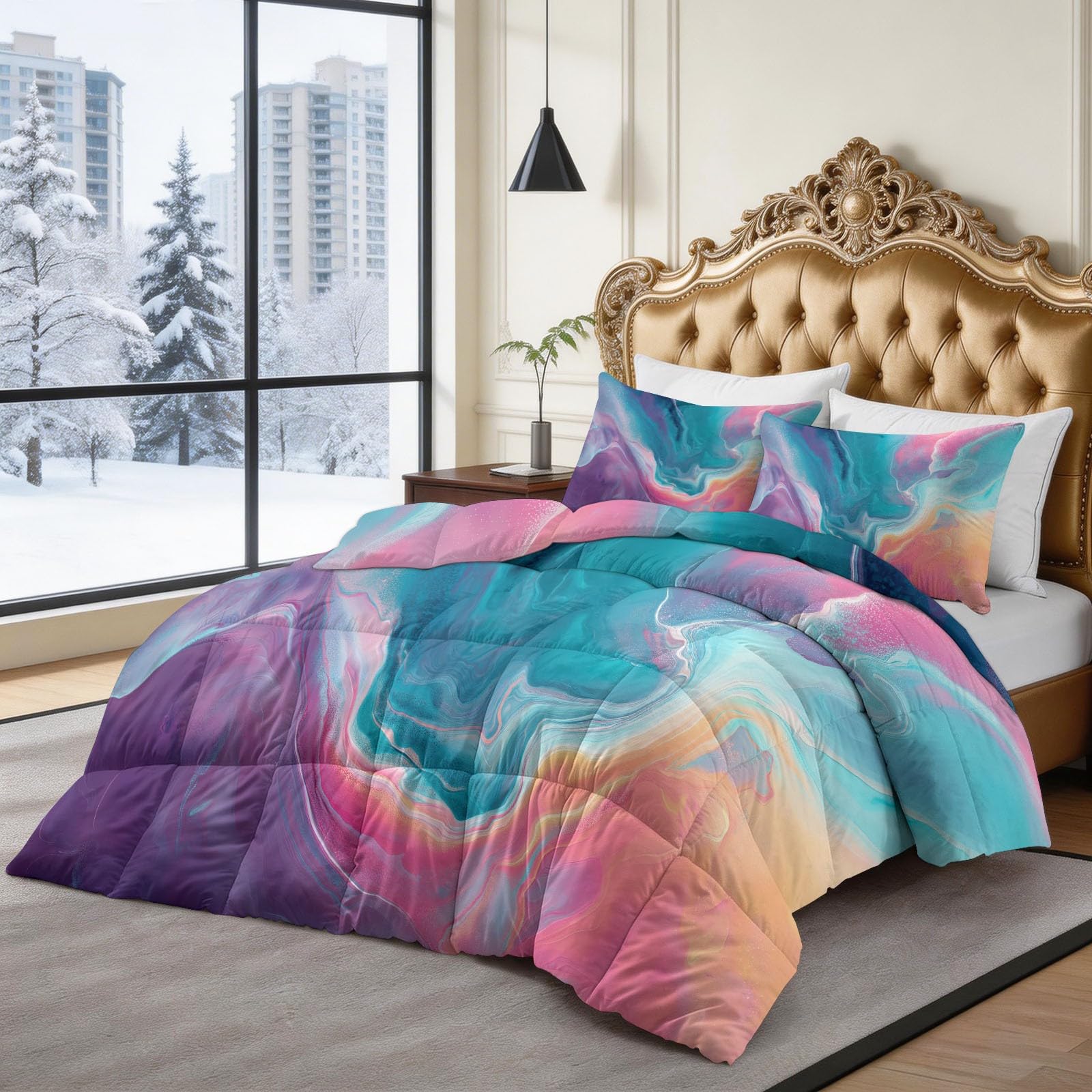 Kołdra 240 x 260 cm, całoroczna, na 4 pory roku, sztuka, gradientowa struktura marmuru, bez poszewki, 400 g/m², oddychająca kołdra do spania z 2 poszewkami na poduszki, gradient, niebieski proszek