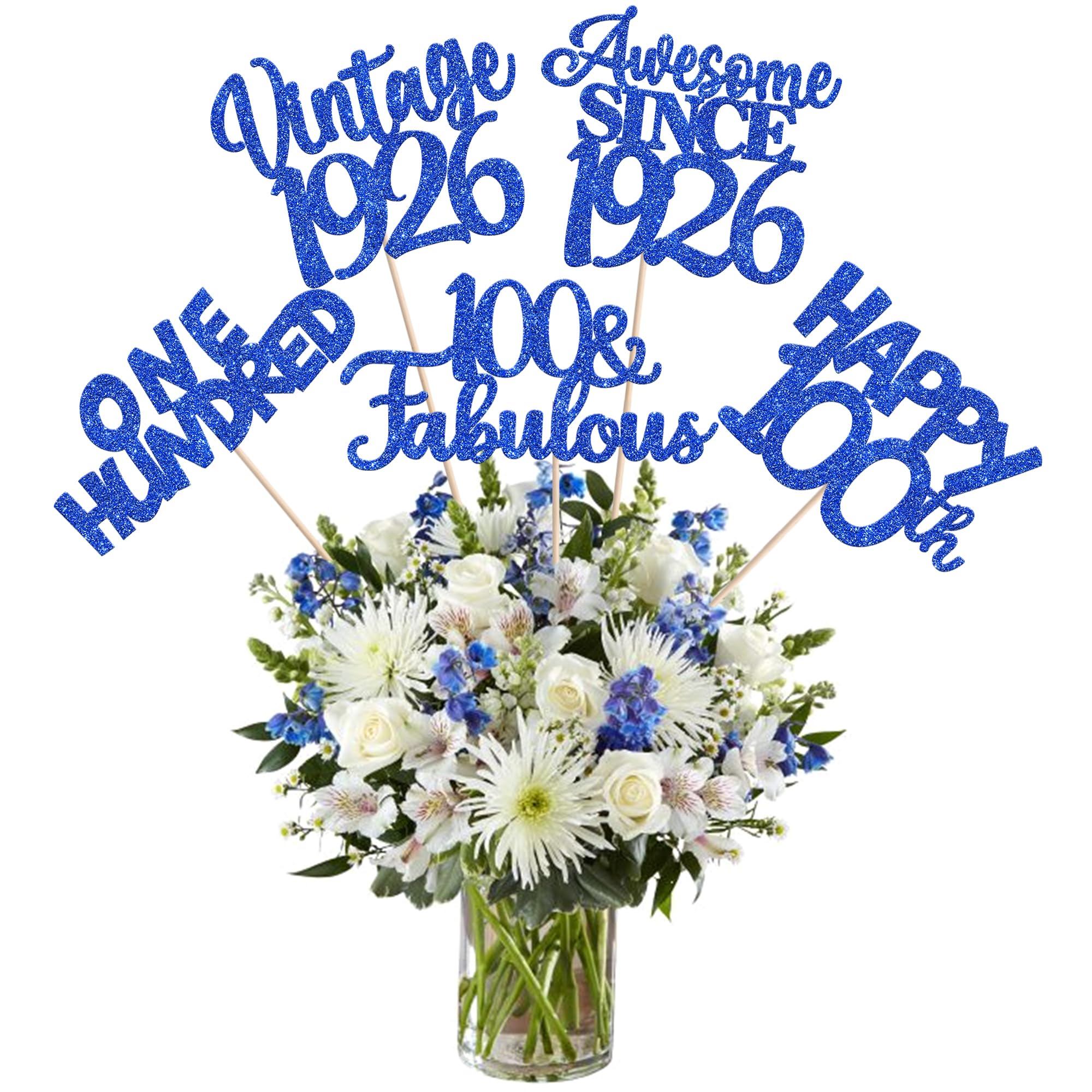 15 PCS Blue 100th Birthday Centerpiece Sticks One Hundred Happy 100th Vintage 1926 Table Flower Centerpieces Sticks Cheers to 100 Fabulous Floral Decorations for 100th Birthday Party Supplies