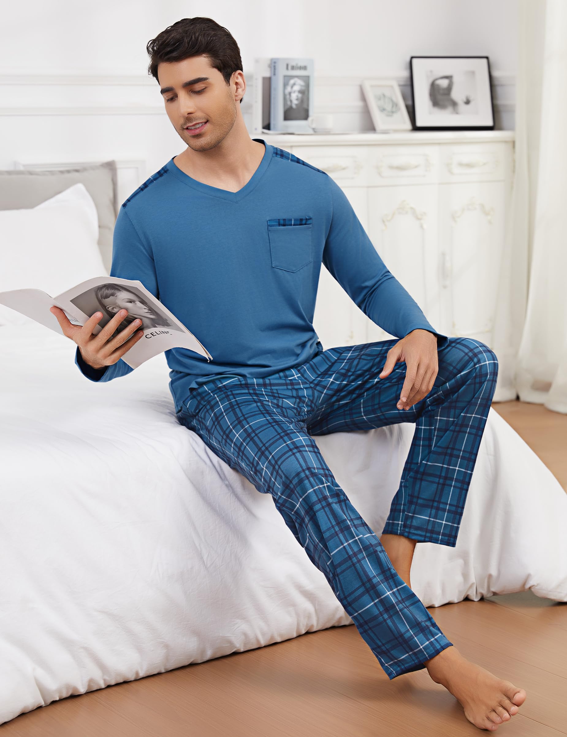 Litherday Pigiama Uomo Invernale Cotone Lungo Pigiami Due Pezzi da Uomo Manica Lunghe e Pantaloni con Tasche Morbido Loungewear