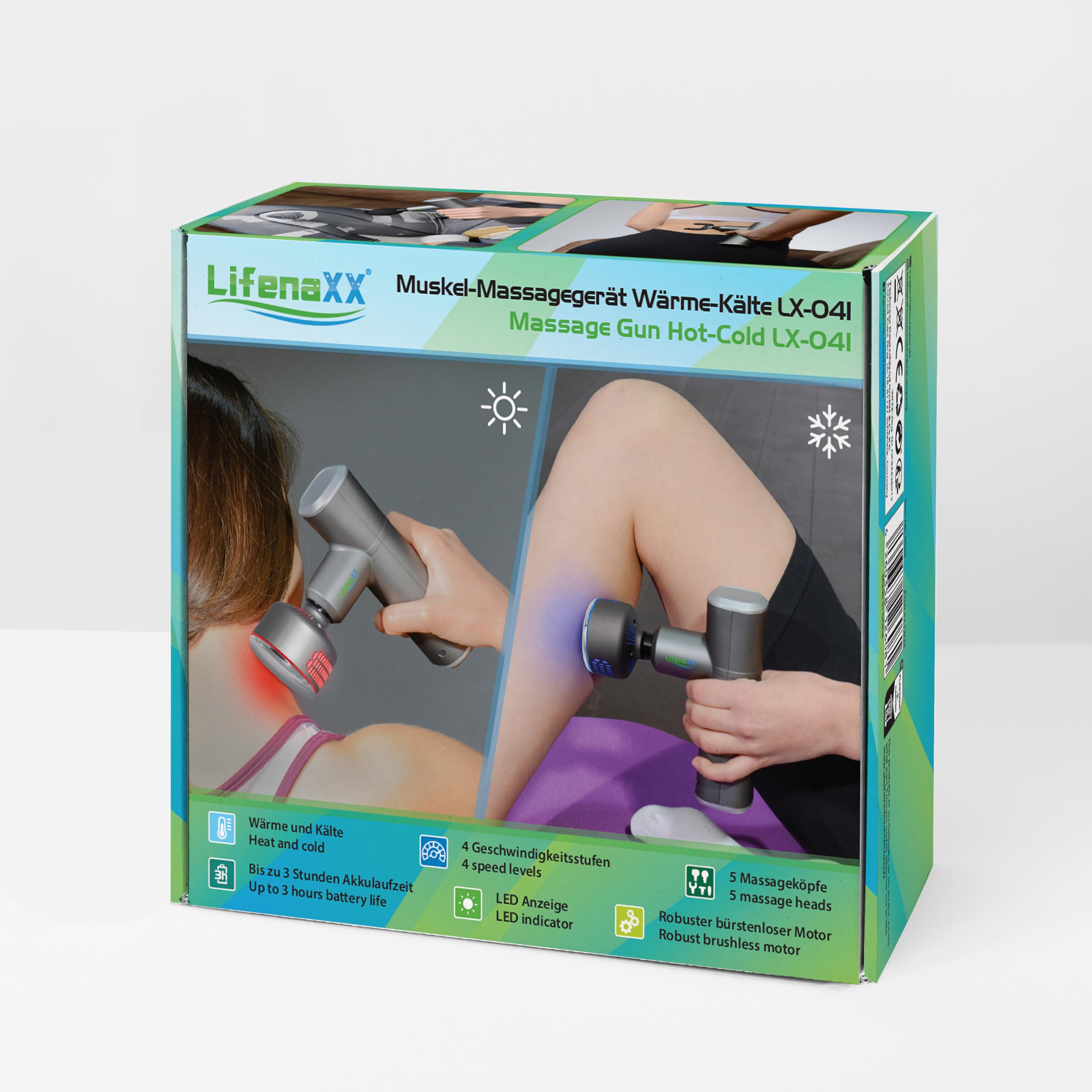 Pistola de masaje de tejido profundo Lifenaxx LX-041, 3 niveles de calentamiento y enfriamiento, 5 cabezales, 4 niveles masivos, carga USB, 2000 mAh - uso diario y después del deporte