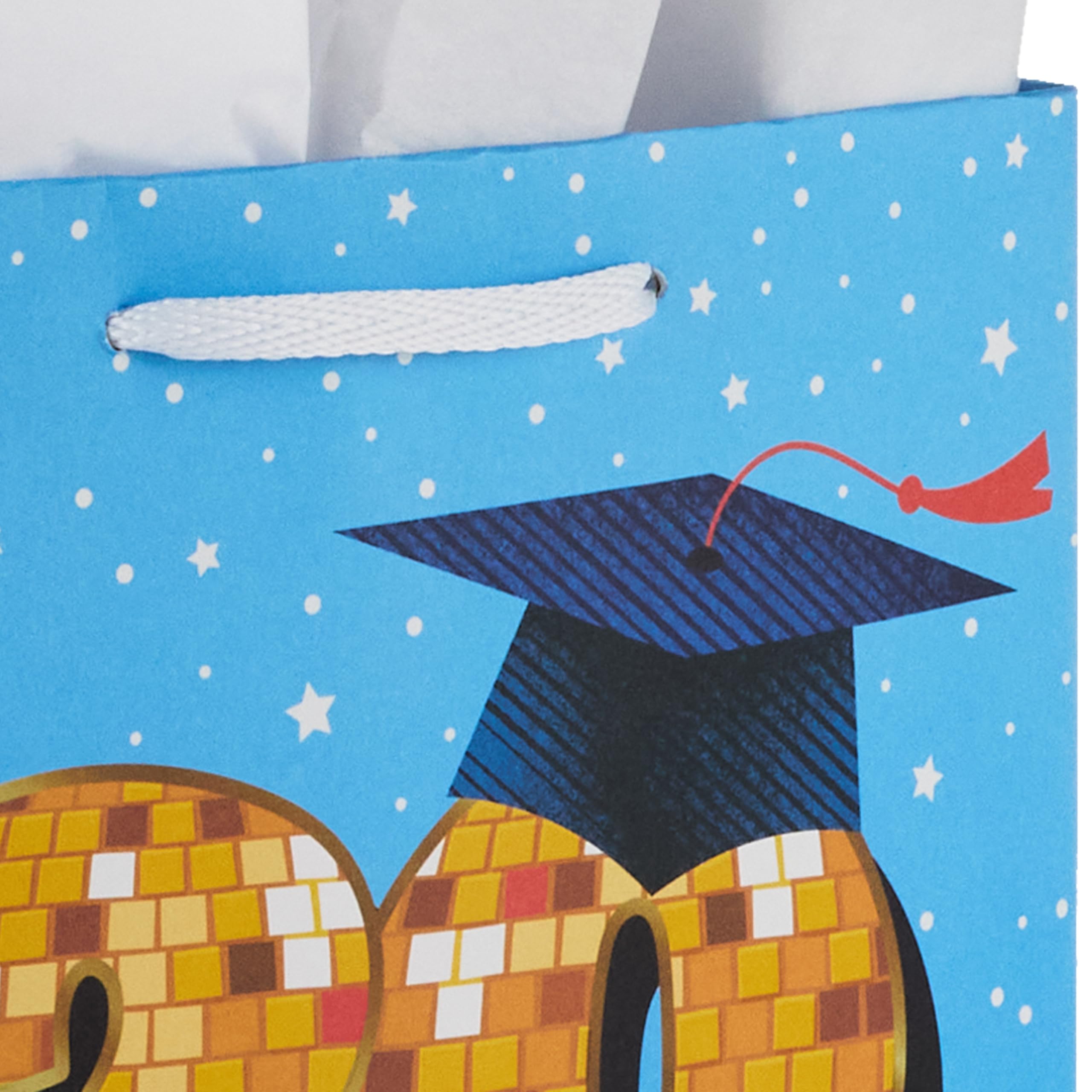 Hallmark 9" Medium Year-Dated Graduation Gift Bag with Tissue Paper (Class of 2026, Gold Disco Ball on Blue with Stars) for High School, College, University