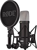 Vista 2 de Rode NT1 Signature Series - Micrófono de condensador negro con montaje de choque SM6, soporte de micrófono con base de trípode y filtro pop