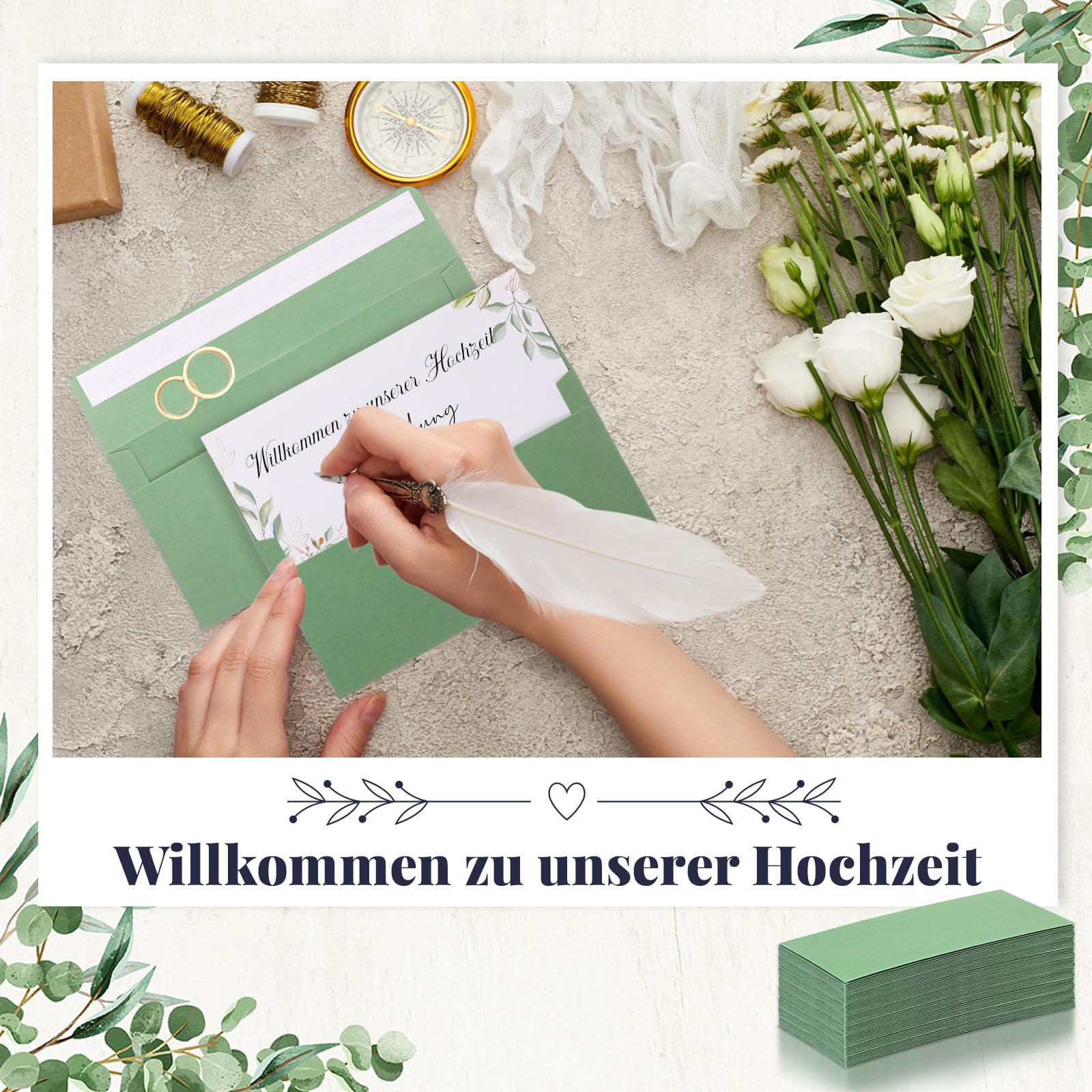 70x set di biglietti d'auguri con buste verdi - motivo quadrifoglio con goccia d'acqua e pietra - cartoncino pieghevole DIN B6 17,0 x 11,5 cm - per compleanno nascita pensione