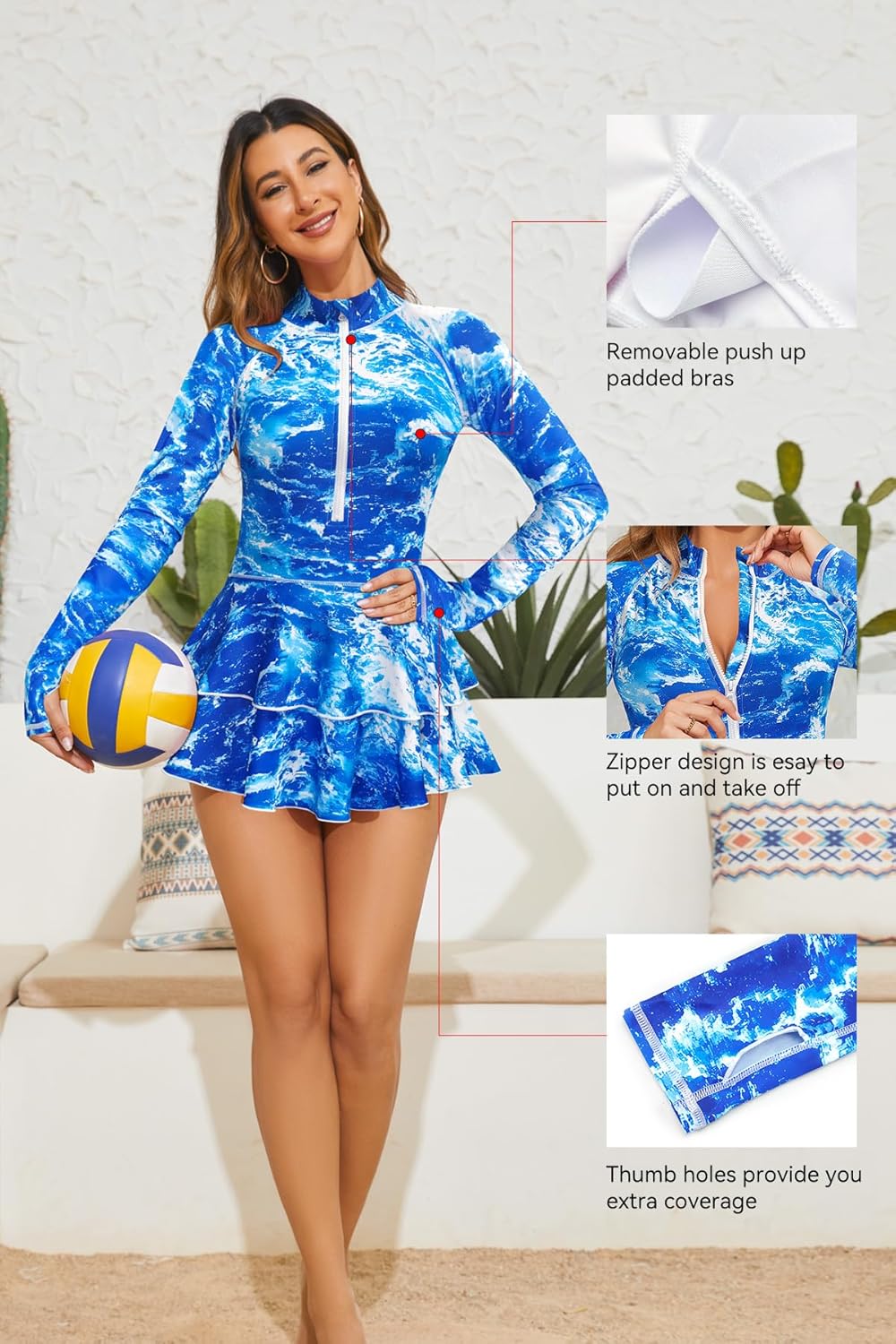 SHEKINI Women Long Sleeve Rash Guard Swimdress Thumb Holes Surfing Printed One Piece Zipper Skirted Swimsuit Swim Shirt - Image 4