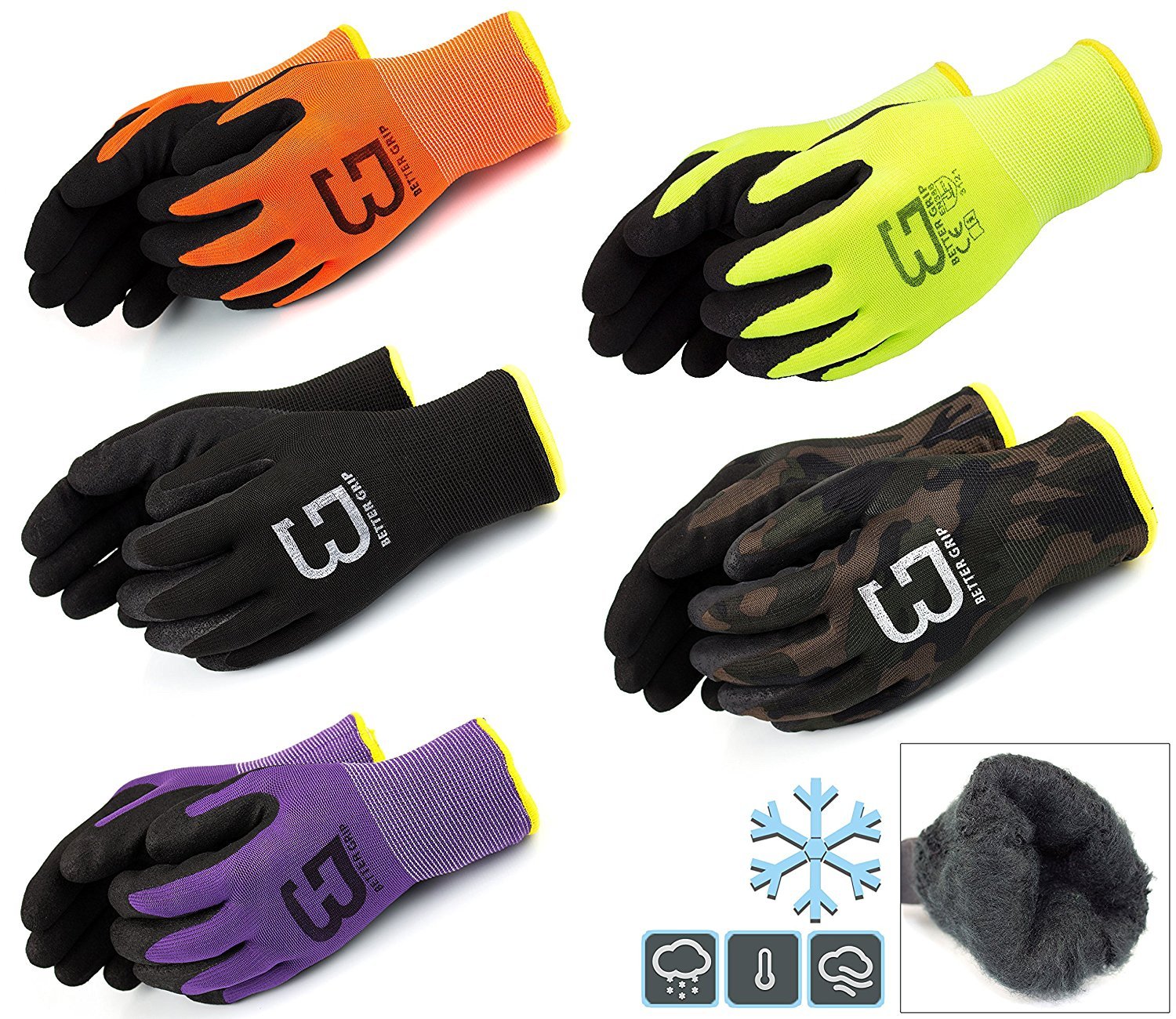 BGWANS - Guantes de trabajo de seguridad con revestimiento de goma, aislados de doble forro para invierno, 3 pares/paquete (mediano, morado)