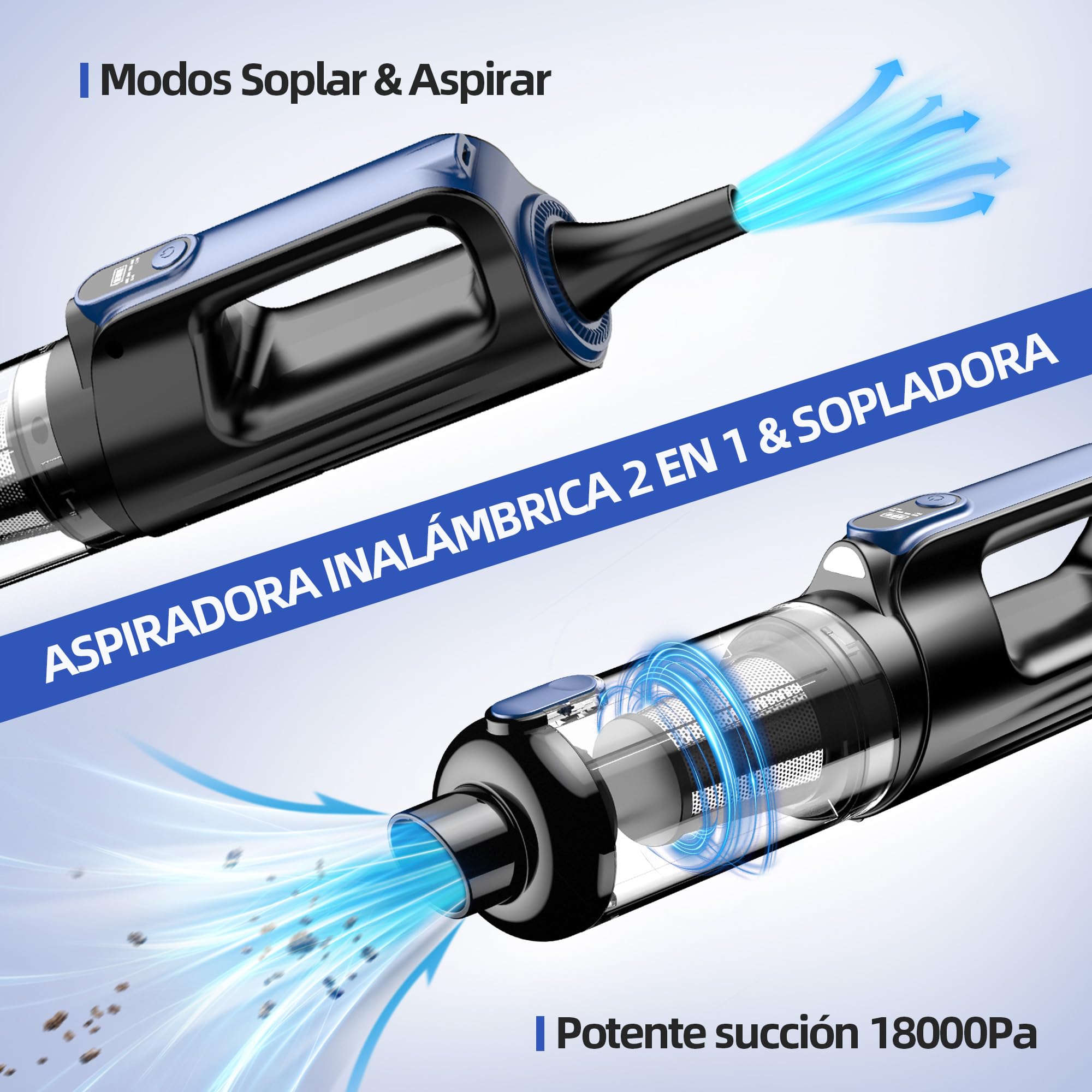 Aspiradora Coche Inalámbrica 2 en 1 18000Pa – Soplador y Aspirador Potente con Motor Brushless 130W, Ligera, Batería 7800mAh y Accesorios para Limpieza Auto y Hogar