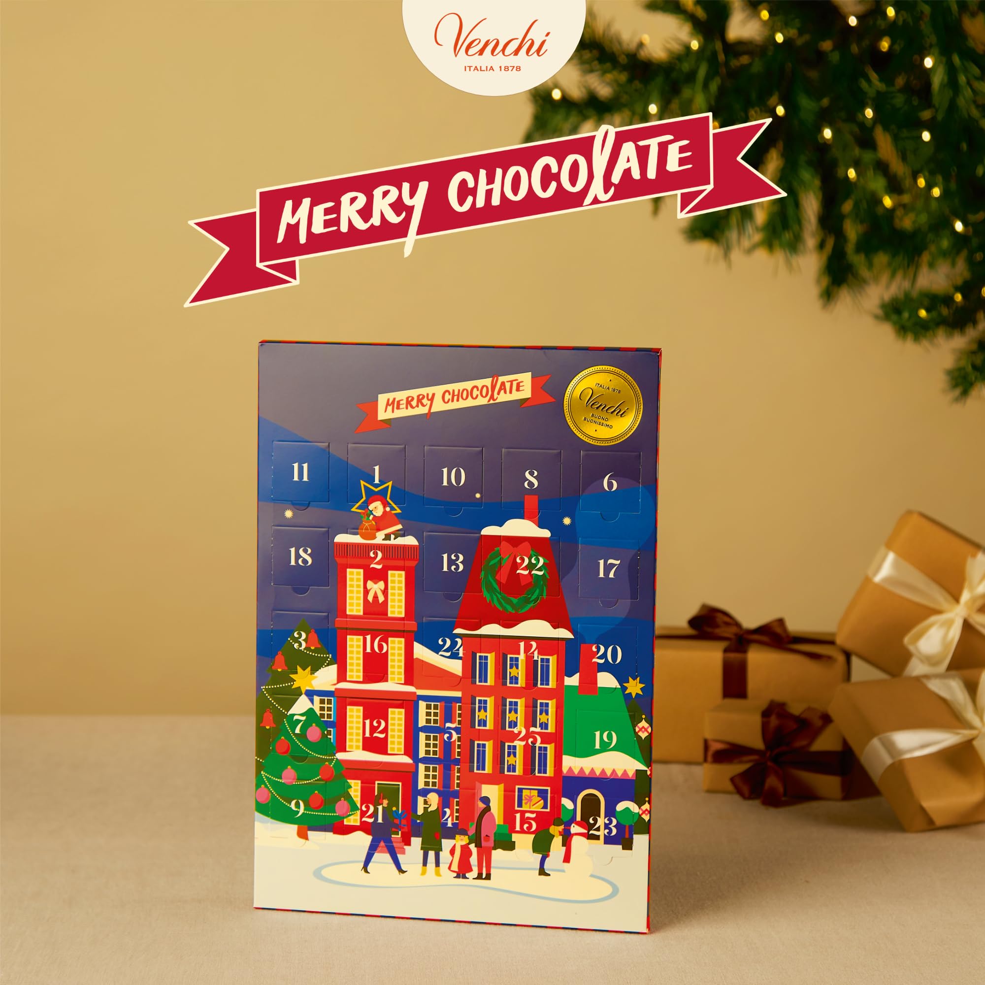 Venchi Calendario de Adviento 2025 Clásico 24 Bombones Assortidos Granblend Leche y Extra Amargo 75% Edición Limitada 181g Sin Gluten