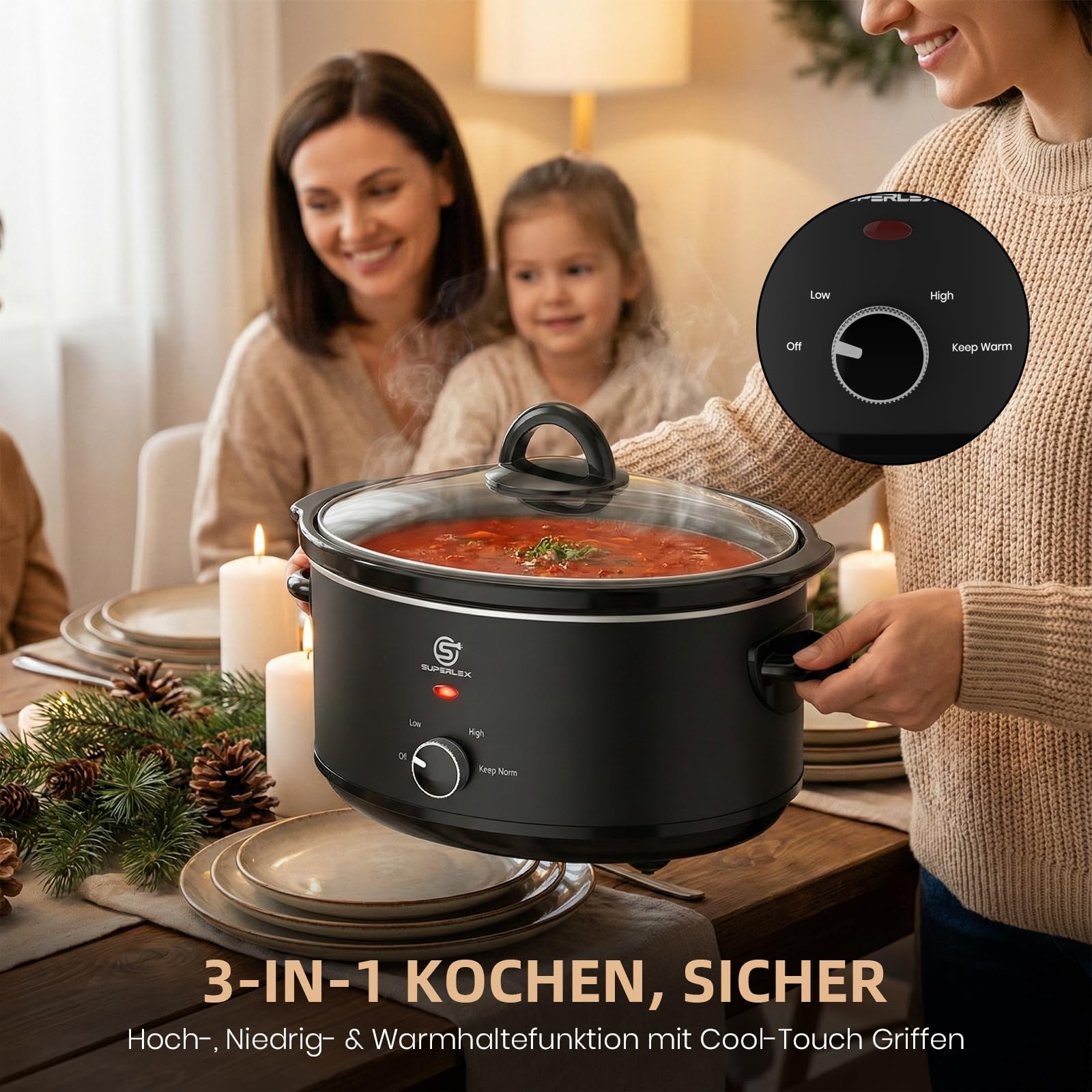 Slow Cooker - Pentola elettrica da 6,5 l, con pentola in ceramica e coperchio in vetro, funzione di mantenimento al caldo, 200 W, per feste di famiglia, zuppe, stufati, piatti di carne