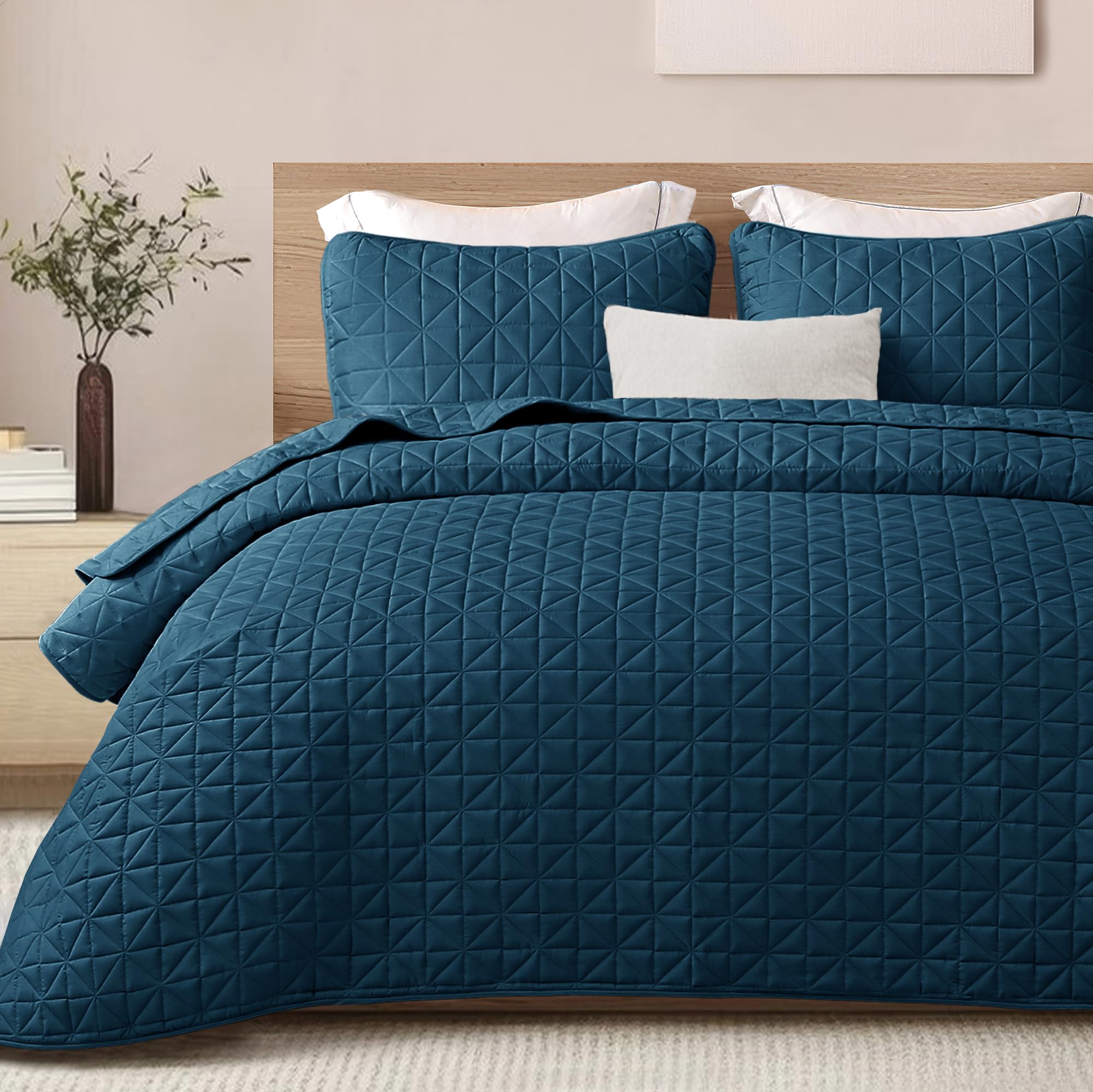 Exclusivo Mezcla King Size Quilt Set - Lightweight Summer Bedspread With Grid Pattern, Royal Blue (1 Quilt + 2 Shams)