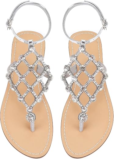 UTIKLIOU Women's Rhinestone Flat Sandals T-Strap Thong Sandals Summer Flat Sandals Flip Flop Sandals for Women