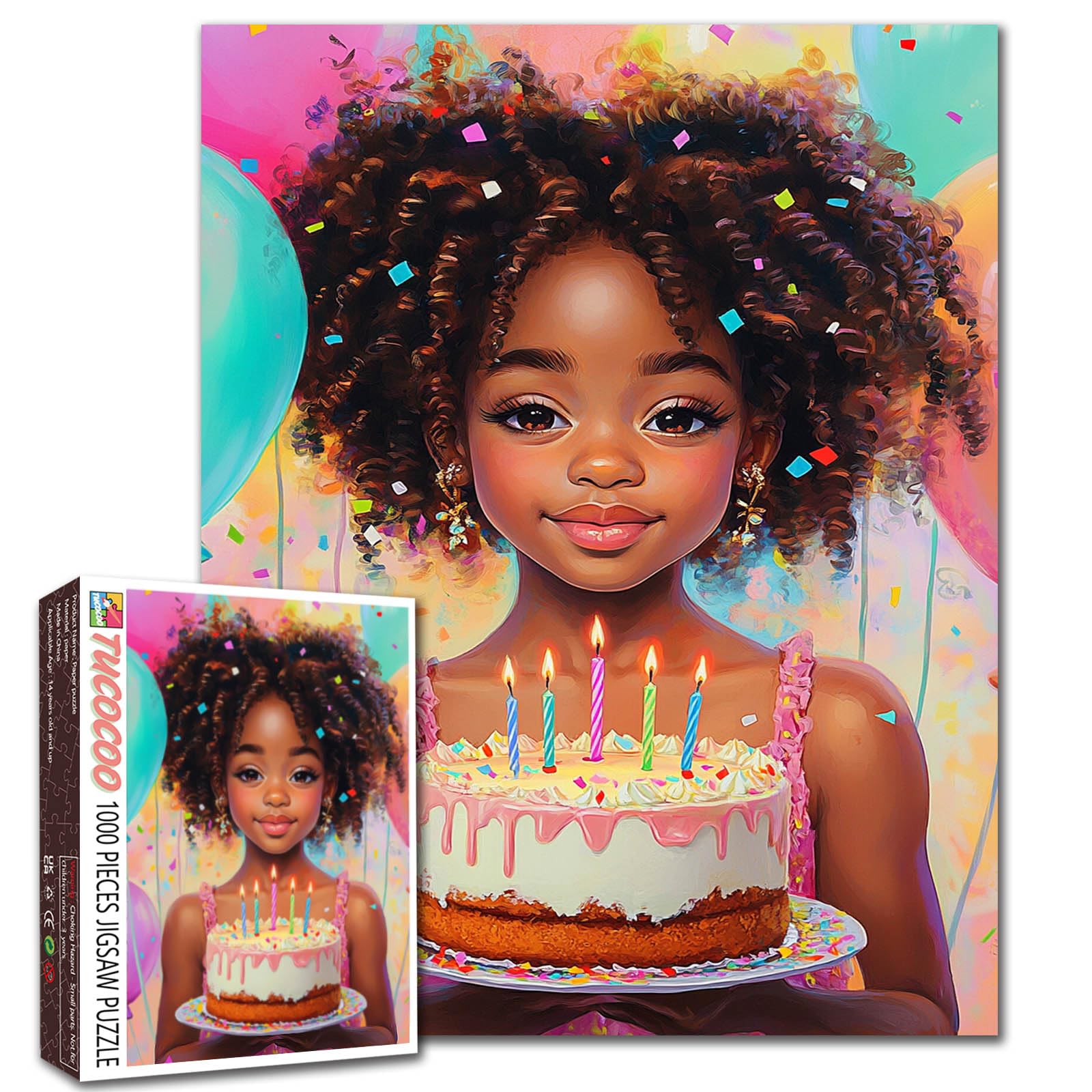Tucocoo Cheerful African Girl 1000 Piece Puzzles, Birthday Cake Art Jigsaw Puzzle for Adults Colorful Balloons DIY Crafts Puzzles for Home Decoration Gifts, Family Challenging Puzzle for Game Nights — image 1