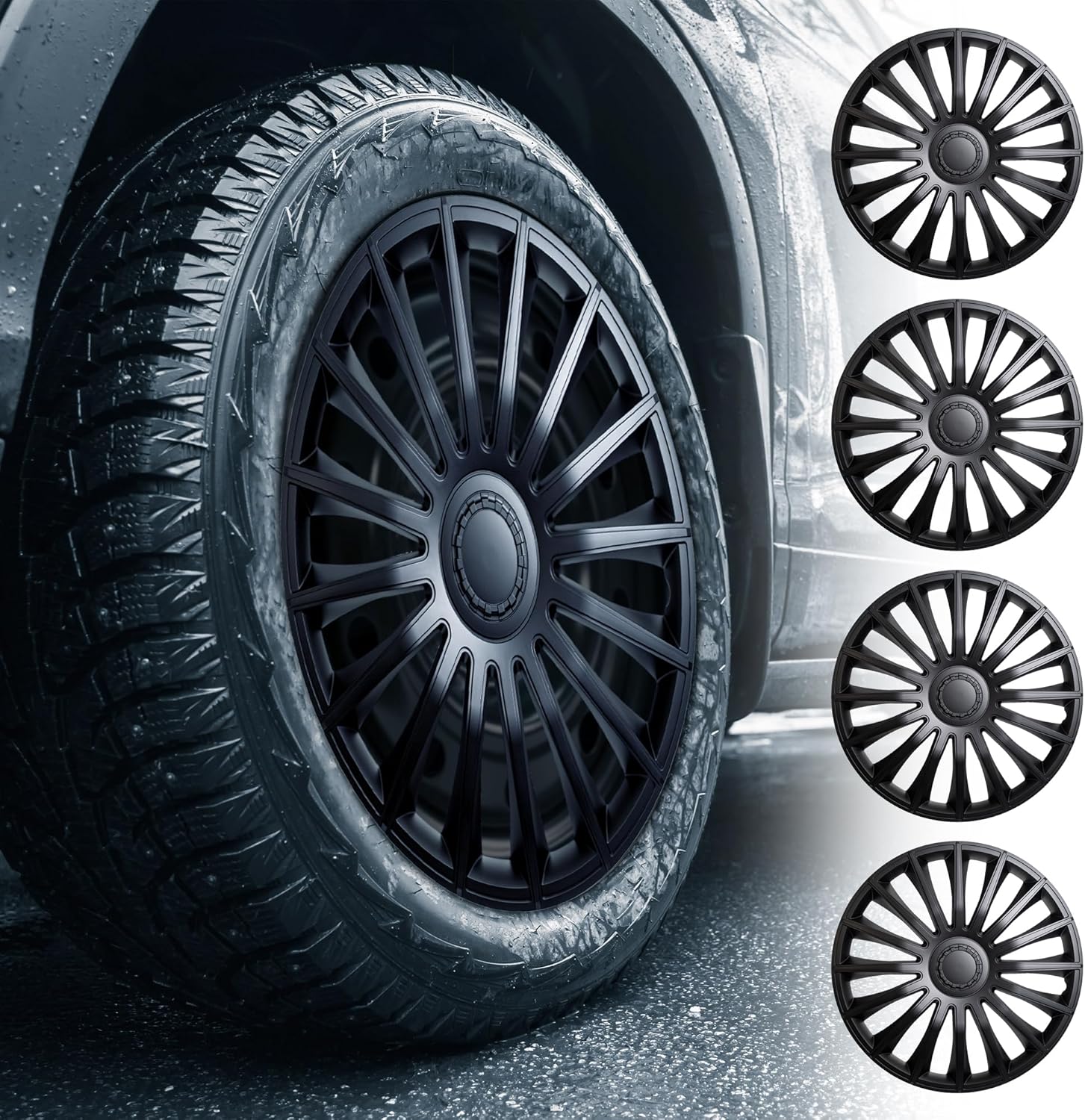 Alpena Austin Vehicle Wheel Covers, Premium European-Made Rim Covers with 3-Step Retention System, Durable Hub Caps Fits Most Steel Wheels, Set of 4, 15 Inch, Black