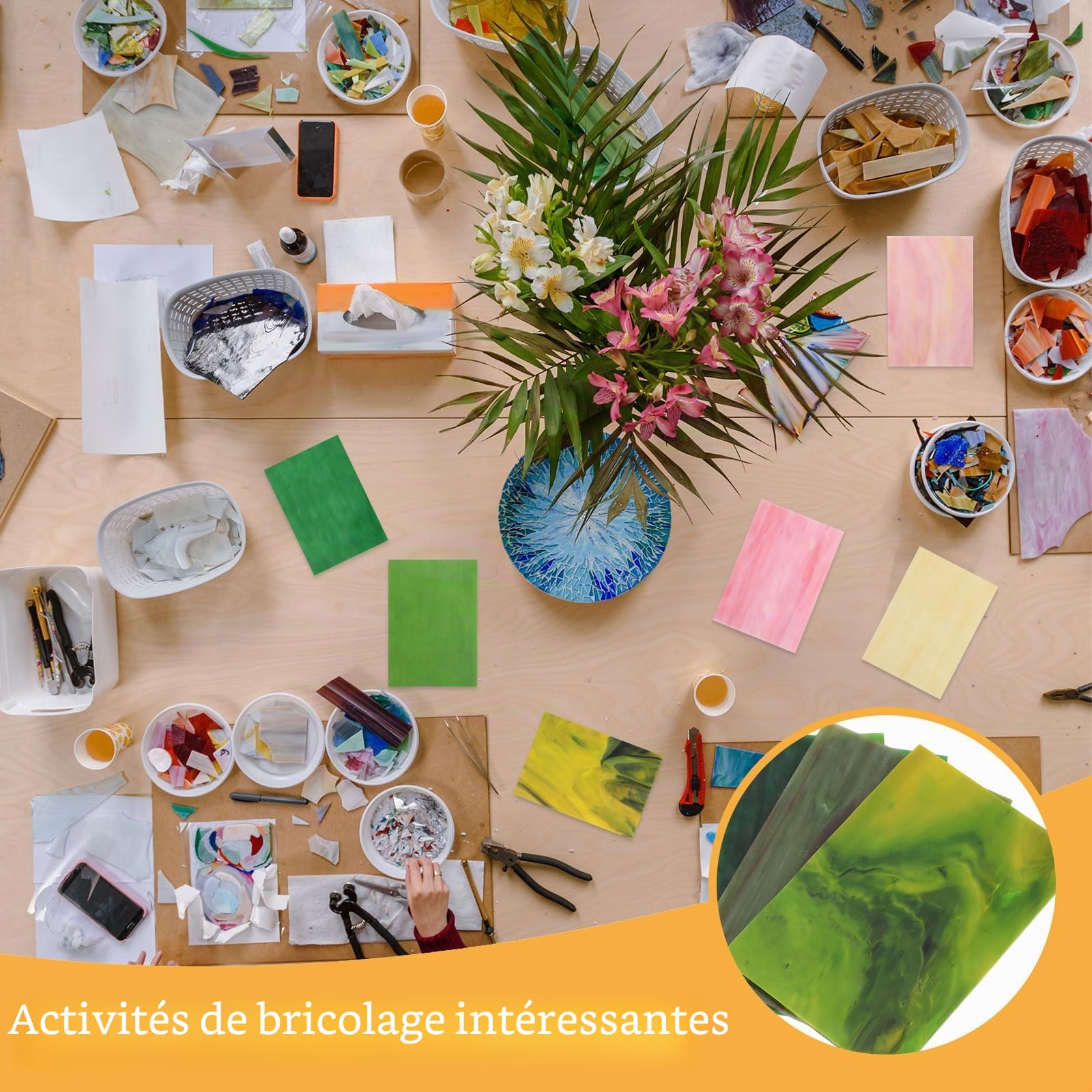 sourcing map Lot de 8 feuilles de verre vitrail, 10,2 x 15,2 cm, variété de carreaux de mosaïque pour projets de bricolage, décoration d'intérieur, série verte