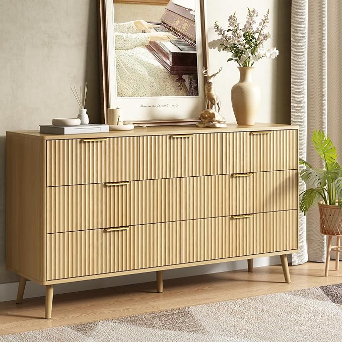 CARPETNAL Fluted 9 Drawer Dresser for Bedroom, 55" Wide Wooden Chest of Drawers with Rounded Corners, Gold Handles, Modern Storage Organizer for Bedroom, Hallway (Oak)