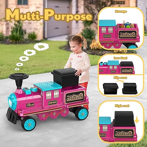 Miniatura 10 de ANPABO Tren de 2 plazas sin pistas, juguete de 12 V con asiento ajustable en altura, almacenamiento adicional, faro, silbato de tren y música,