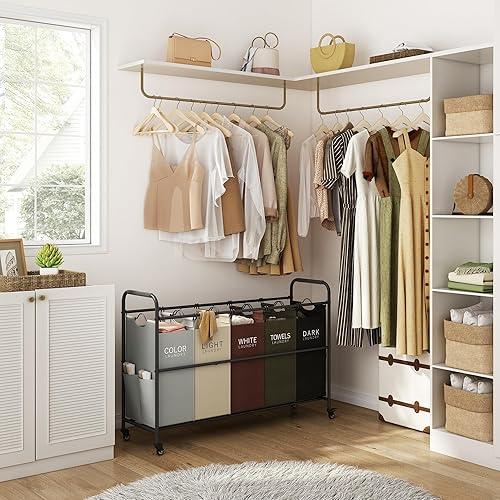 Miniatura 7 de Tajsoon Carrito clasificador de ropa sucia de 5 bolsas, cesta clasificadora de cestas de lavandería con ruedas resistentes con cerradura para