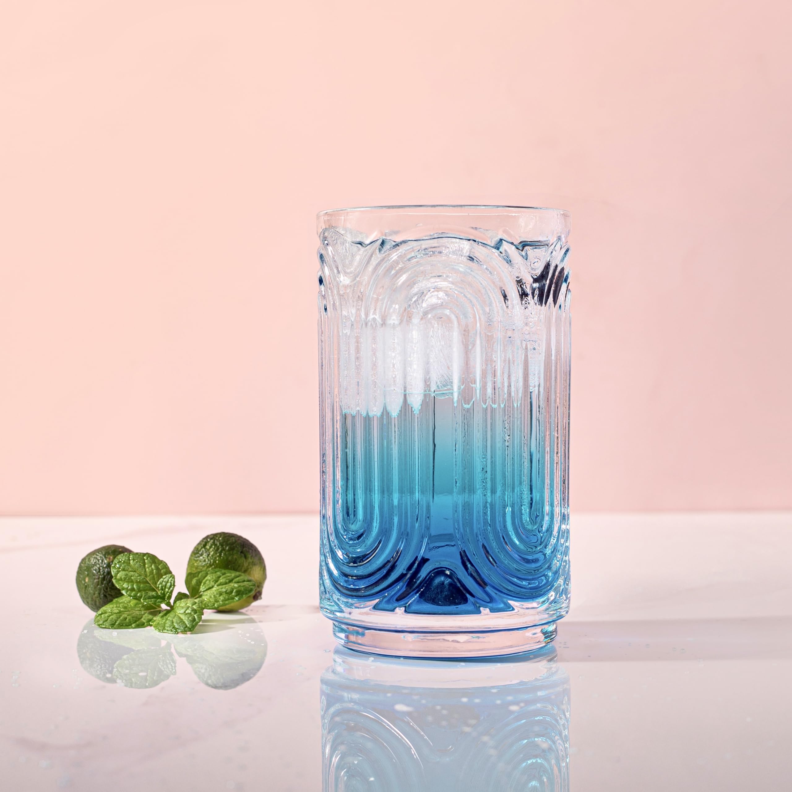 INSETLAN Set of 6 Vintage Glassware - 14 oz Ripple Drinking Glasses, Art Deco Glassware Highball Glass Cup, Classic Thick Bottom Cocktail Glasses, for Bar Beverages Ice Coffee Water Juice