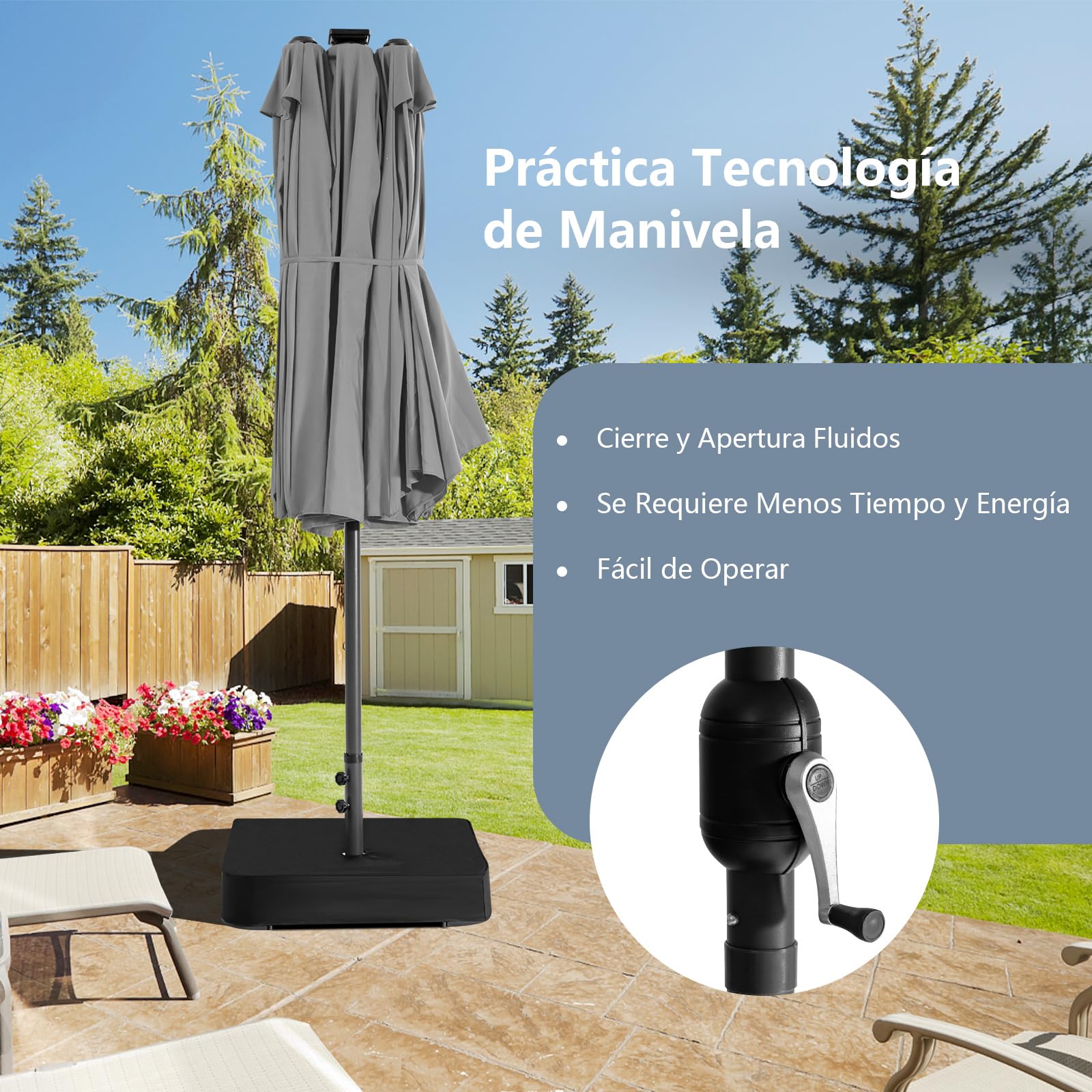 COSTWAY Sombrilla Terraza Exterior Doble, Sombrillas Jardin Grandes con 48 Luces LED y Base, Panel Solar de Carga automática, Manivela, Parasol Terraza Exterior (470 x 280 cm (con LED y Base),Gris)