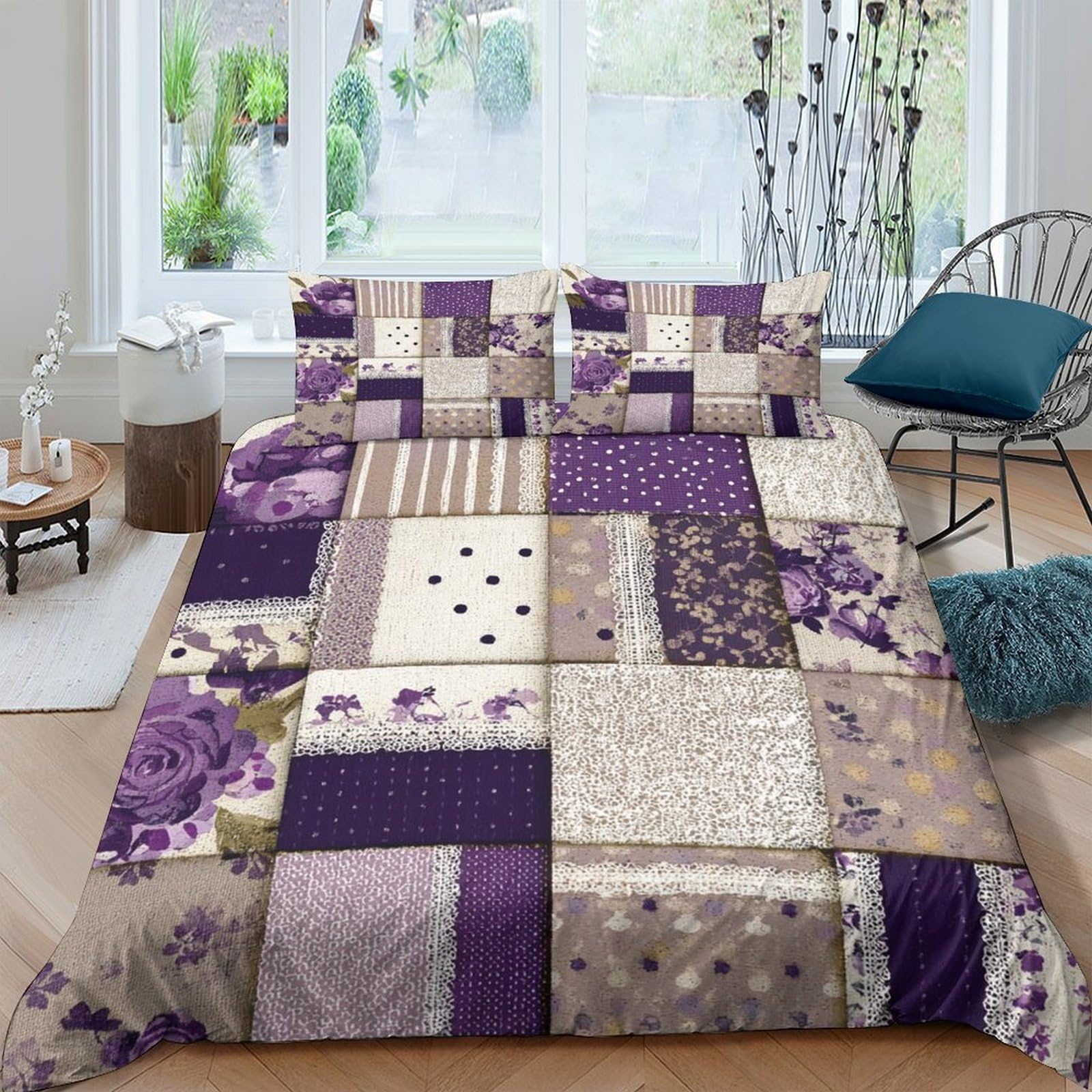 Ctjqhvkz Style-7 3D Printed Purple Patchwork Fitted Sheet Microfiber Floral Geometric Mattress Cover Anti-Slip Bedroom Decor Easy Care Single（135X200cm）
