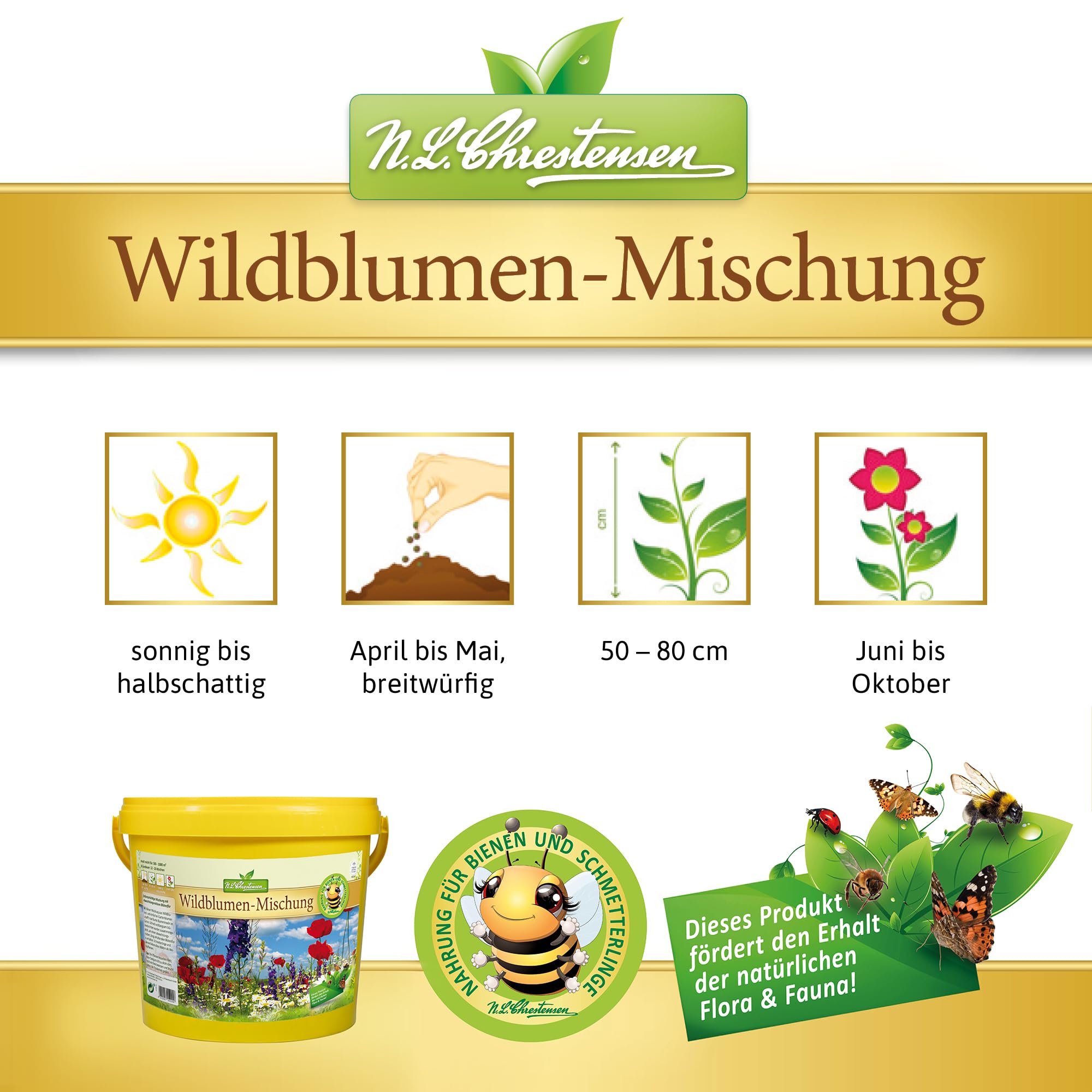 N. L. Chrestensen Wildblumen - Mischung für 500-1000 m2 im 5 l Eimer | Blumensamen mehrjährig winterhart | Nahrung für Bienen und Schmetterlinge | Für Garten, Wiese
