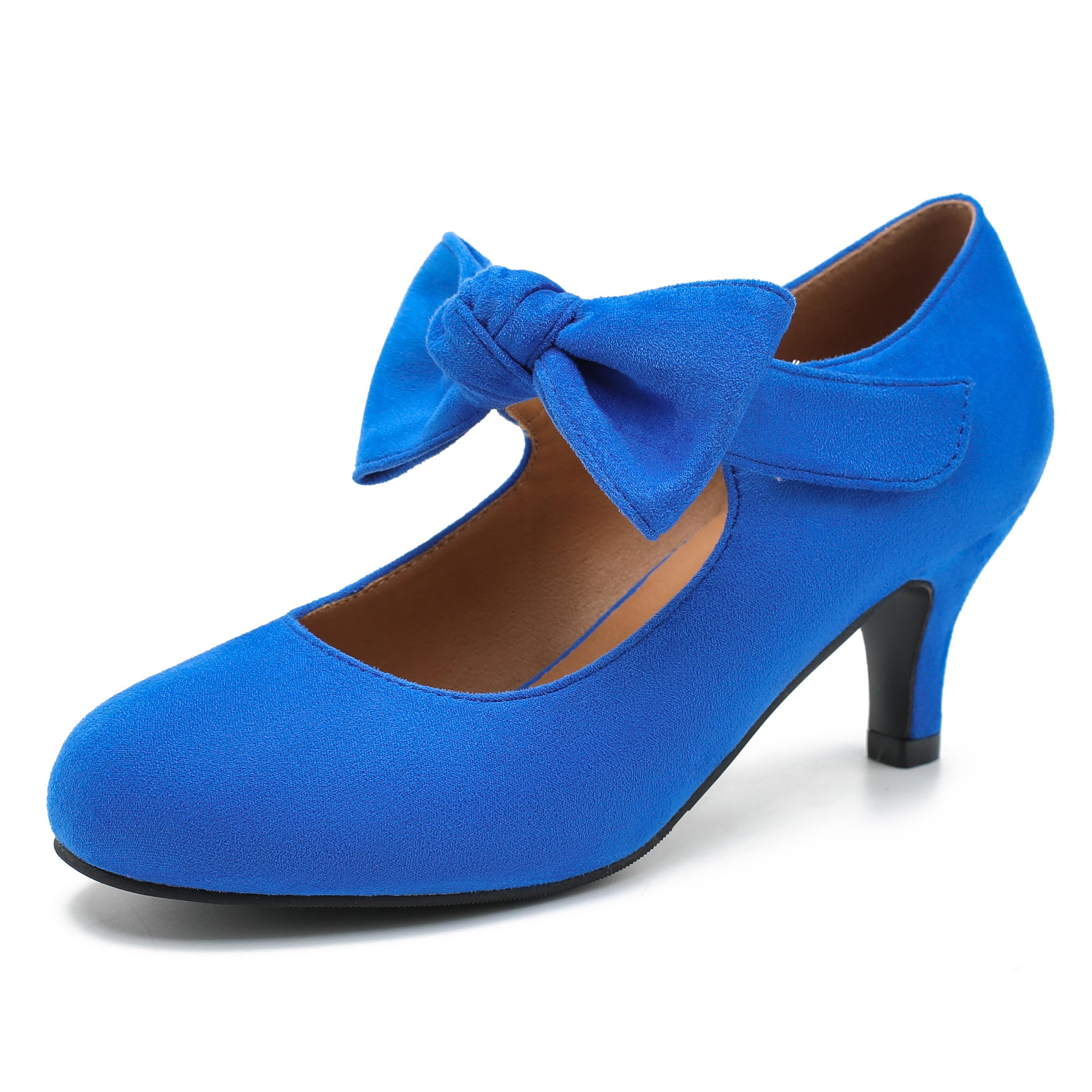 Enelauge Women's Bow Mary Jane Pumps Low Kitten Heels Round Toe Ankle Strap Wedding Office Work Dress Evening Party Shoes