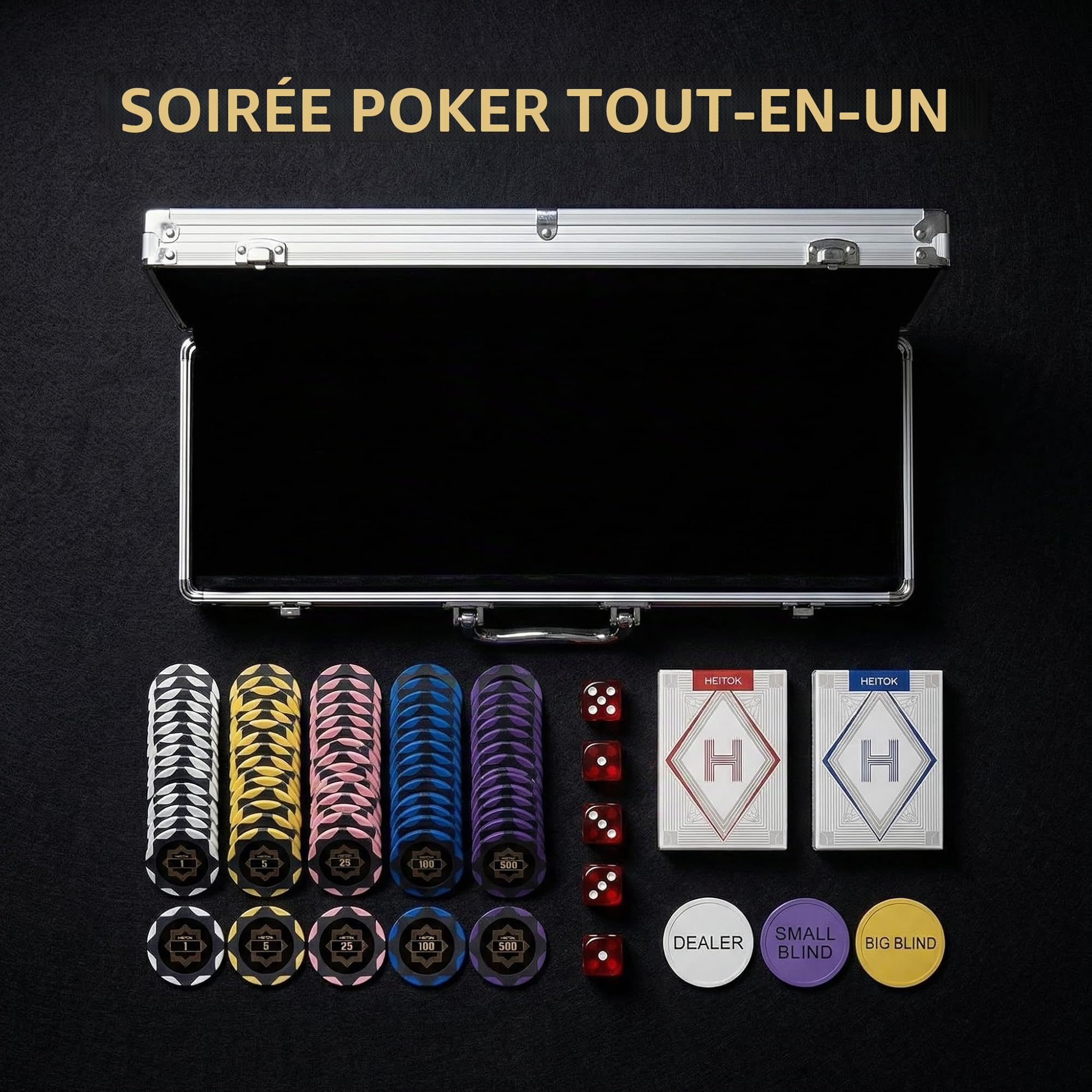 HEITOK Mallette Poker 300 Jetons Numérotés 14g Clay Composite Aluminium Texas Holdem et Blackjack