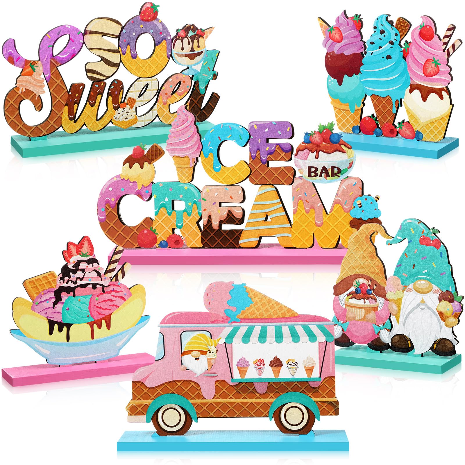 Blosssound 6 Pcs Ice Cream Table Wooden Decorations Ice Cream Table Centerpieces Letter Truck Gnome Wood Signs for Bar Party Birthday Baby Shower Party Supplies