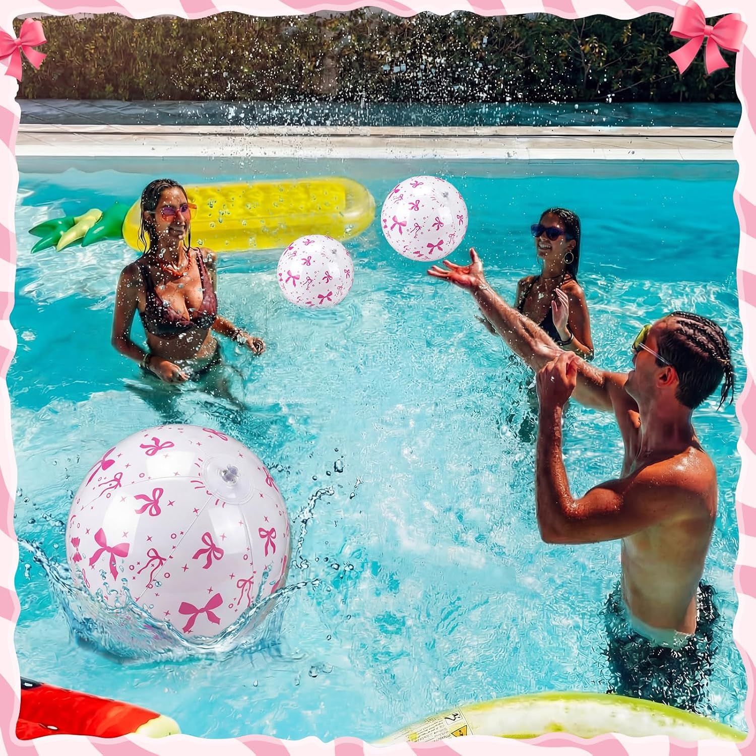 Civaner 12 Pcs Pink Bow Beach Ball 7.87 Inches Inflatable Beach Ball for Bow Party Favors Summer Swimming Pool and Beaches Game Coquette Gifts for Pink Themed Birthday Party