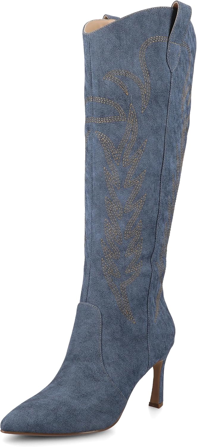 Journee Womens Laramie western cowgirl knee high boot stiletto heel stitching faux leather comfort system insole