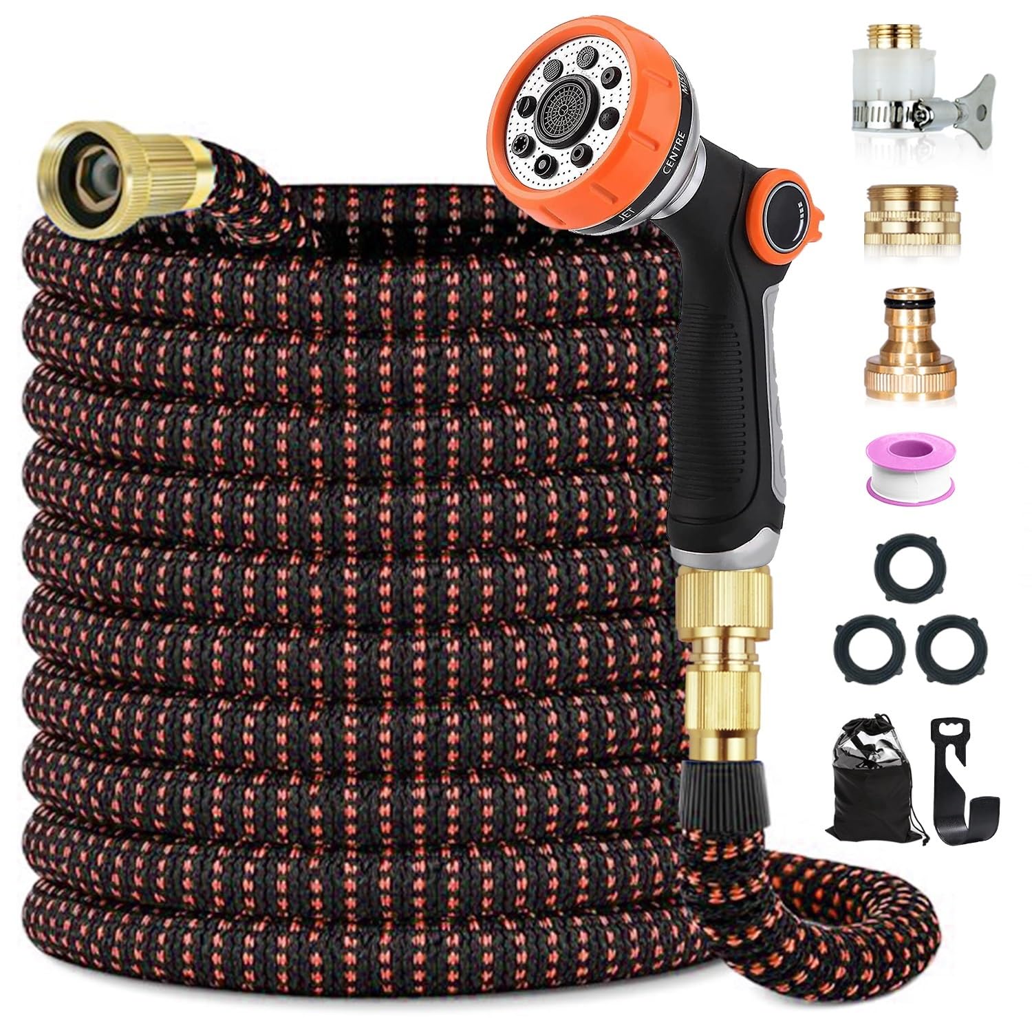 Expandable Garden Hose 150FT / 45M, Flexible Water Hose Pipe with 10-Pattern Spray Nozzle, 4-Layer Latex Core, Kink-Free Leak-Proof Design, 1/2" & 3/4" Universal Fittings for Gardening, Orange