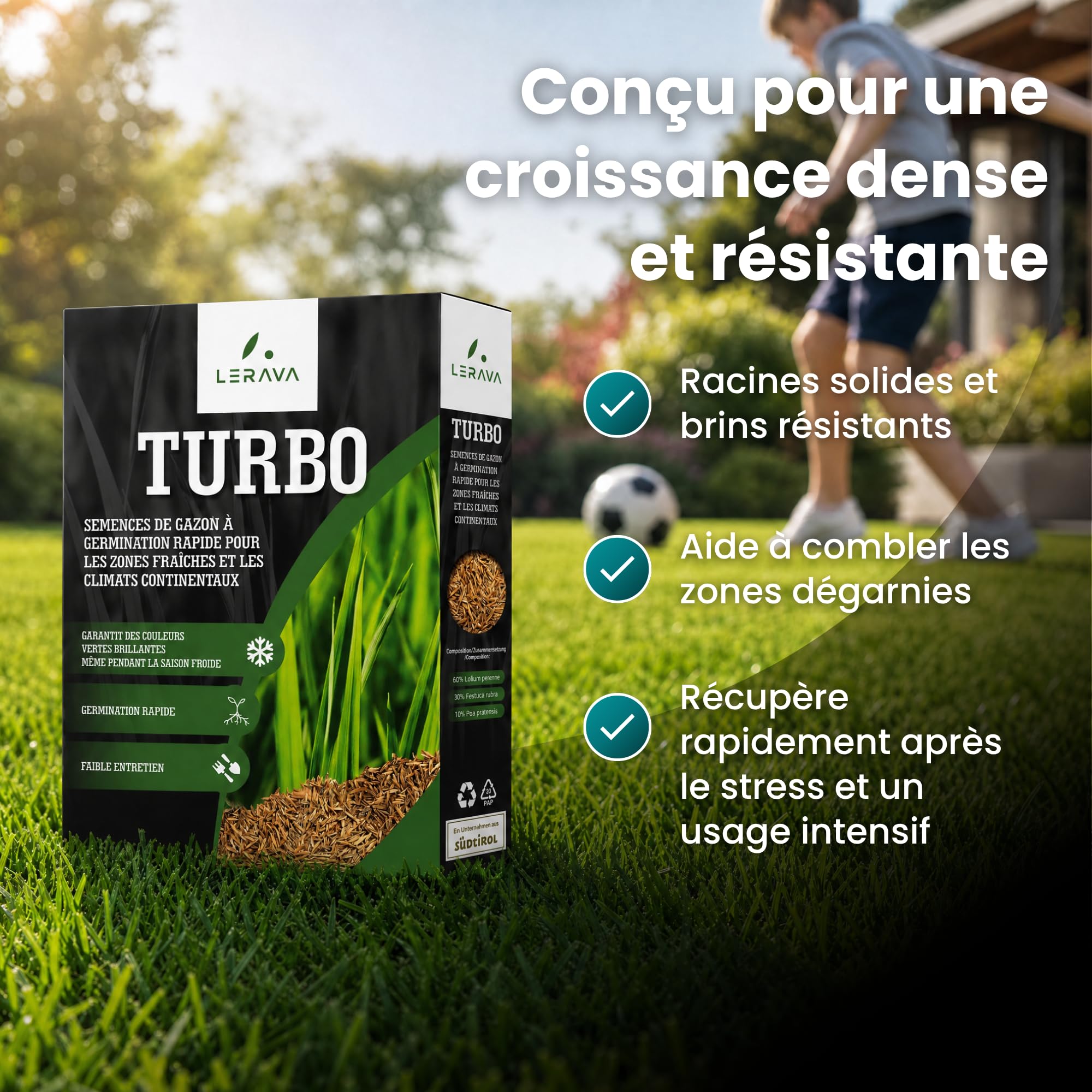 LERAVA Turbo gazon à semer pousse rapide 10m² pelouse ombre zones fraîches 98% pureté rustique vert vif semence résistante