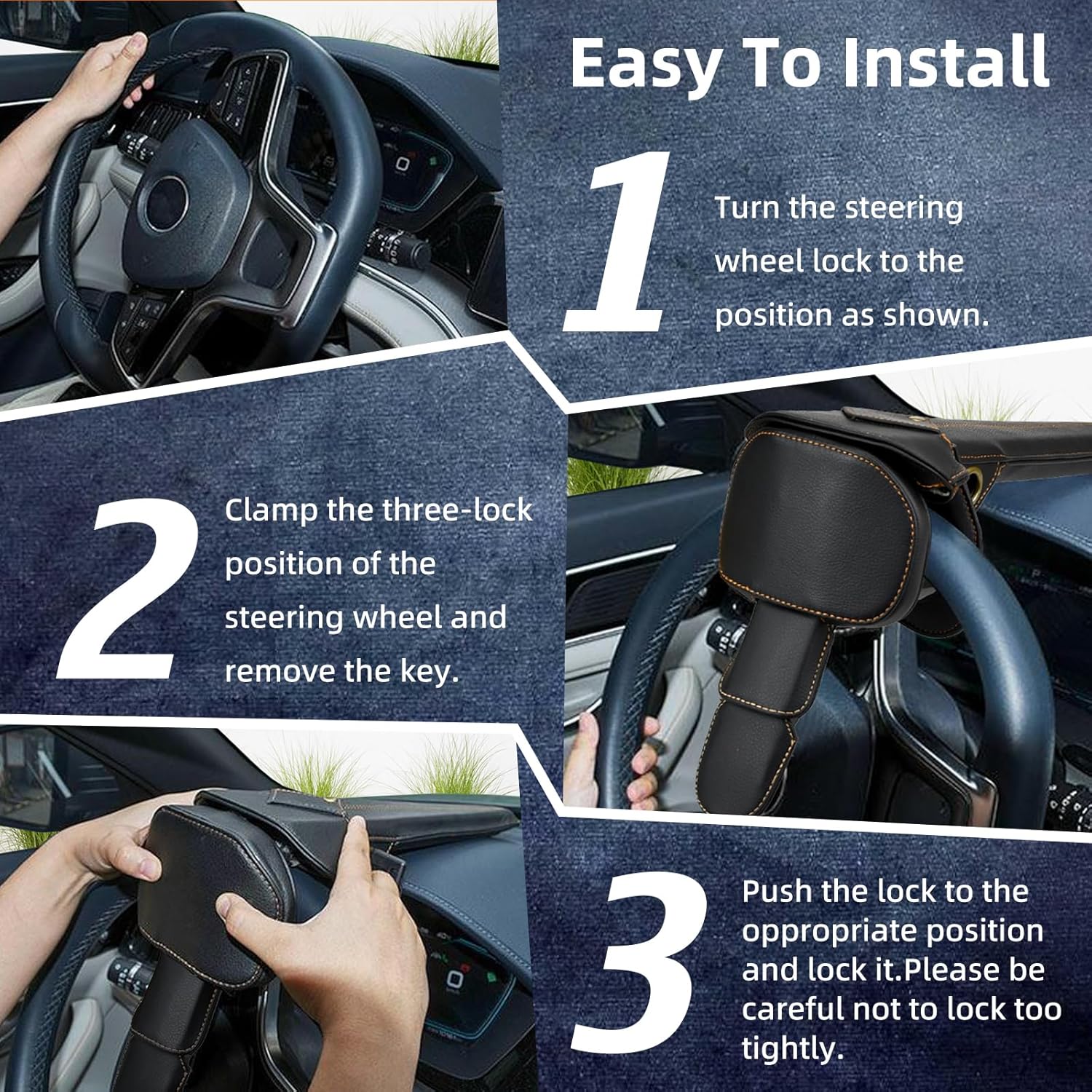 Car Anti Theft Lock, Leather Anti-Theft Car Device Fit Any Brand Vehicle or Truck, Steering Wheel Lock with 2 Keys Stainless Steel Black