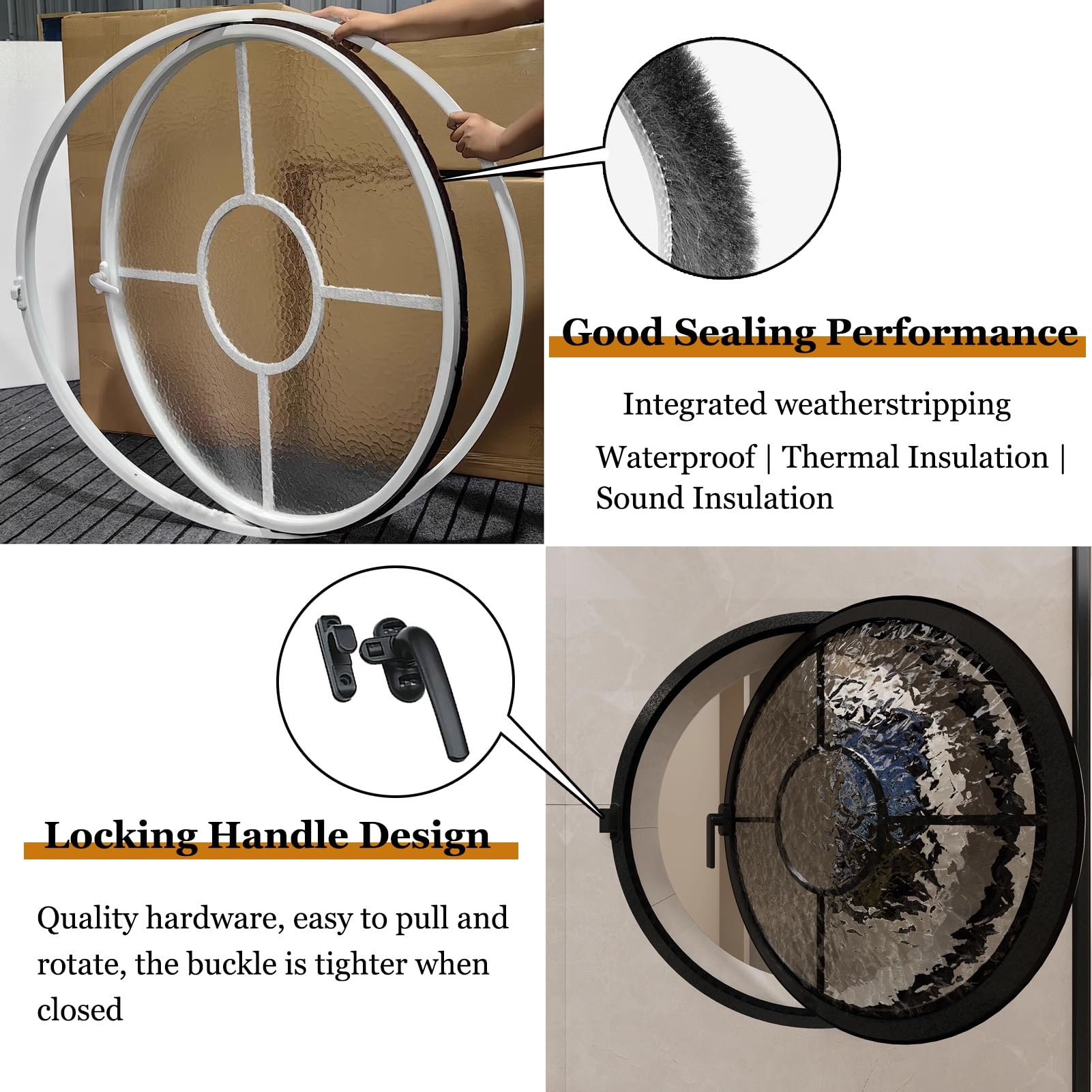 Ventana Redonda de Metal empotrada con Vidrio Templado, rotación de 360°, Eje Central y manija, ventilación e iluminación, Ventana Horizontal (Negra, 70 cm/27,6 Pulgadas)