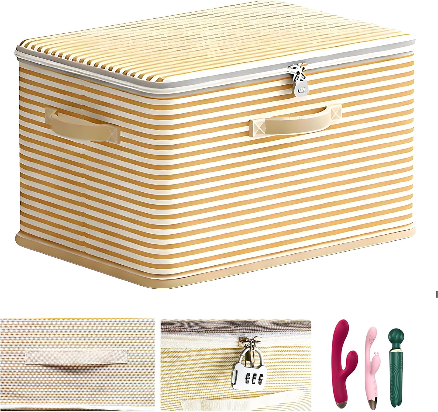 Discreet Lockable Adult Toy Box Storage Organizer with Zipper Lid, 15x10x10 Inch Large Capacity Travel Case, Secure Lock Privacy Bag for Women & Men Clothes Container(Beige Stripes)