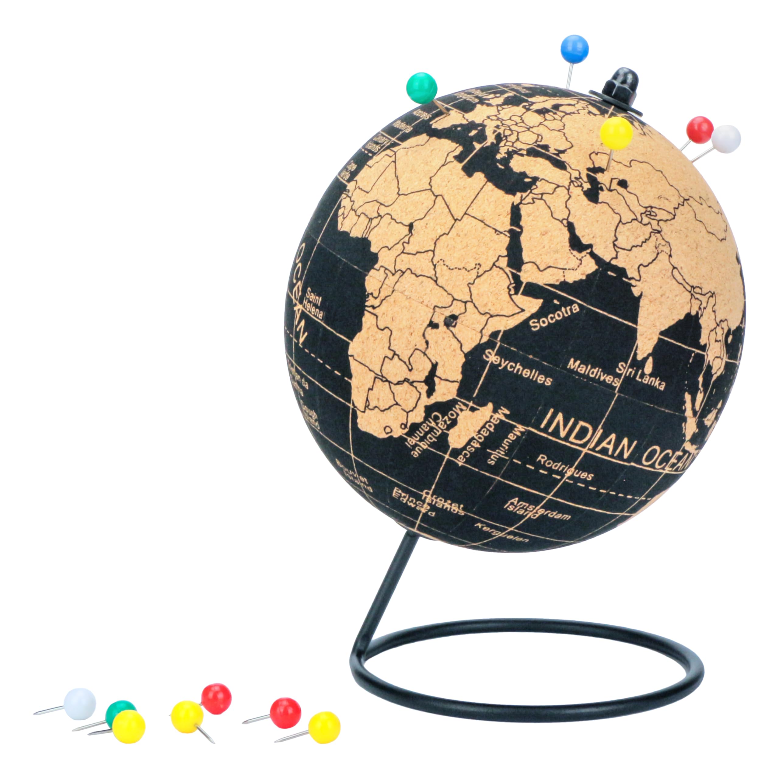 Exerz Black Cork Globe 14Cm Pinnable, English Map, Pins Included, Natural Cork