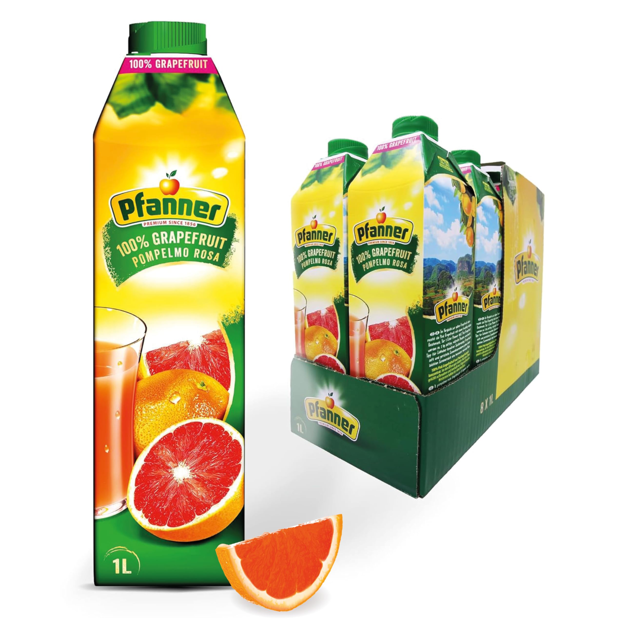 Pfanner 100% Pink Grapefruitsaft (8 x 1 l) – Saft zum Frühstücken aus Grapefruit – Fruchtsaft ohne Zuckerzusatz