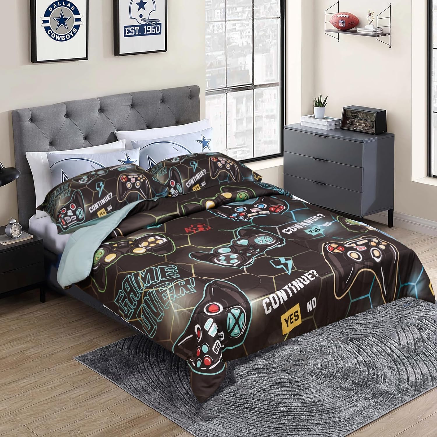 Gamer Comforter Sets Tiwn Size for Boys Girls Kids,Soft Microfiber Colorful 3D Gaming Geometric, Kids Bedding Sets with 1 Comforter and 2 Pillowcases