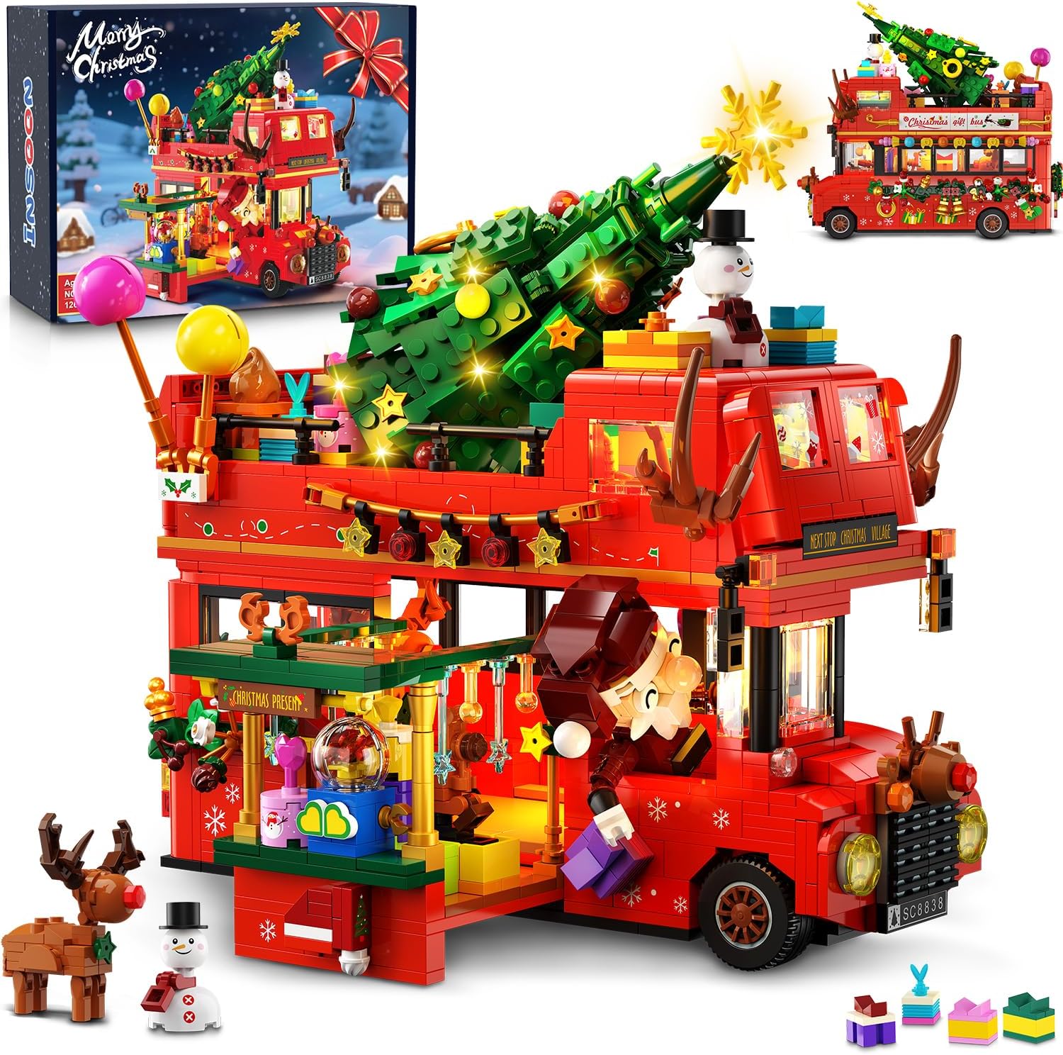 Christmas Double Decker Bus Building Set with Lights, Christmas Bus Building Block Toy with Santa Xmas Tree Reindeer, 1262 PCS Festive City Vehicle for Adults Boys Girls Ages 8-12+