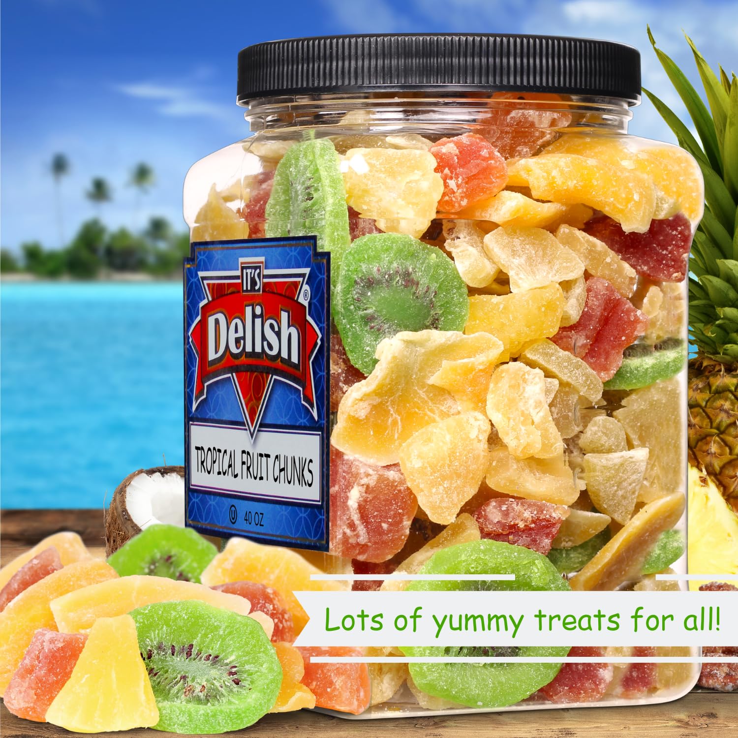 Tropical Dried Mixed Fruit Chunks - by Its Delish, 40 OZ Jumbo Container | Healthy Snacks for Adults, Kids | Fresh Snack Mix Dry Fruit | Pineapple Mango Papaya Kiwi Slices | Gluten Free, Vegan, Kosher