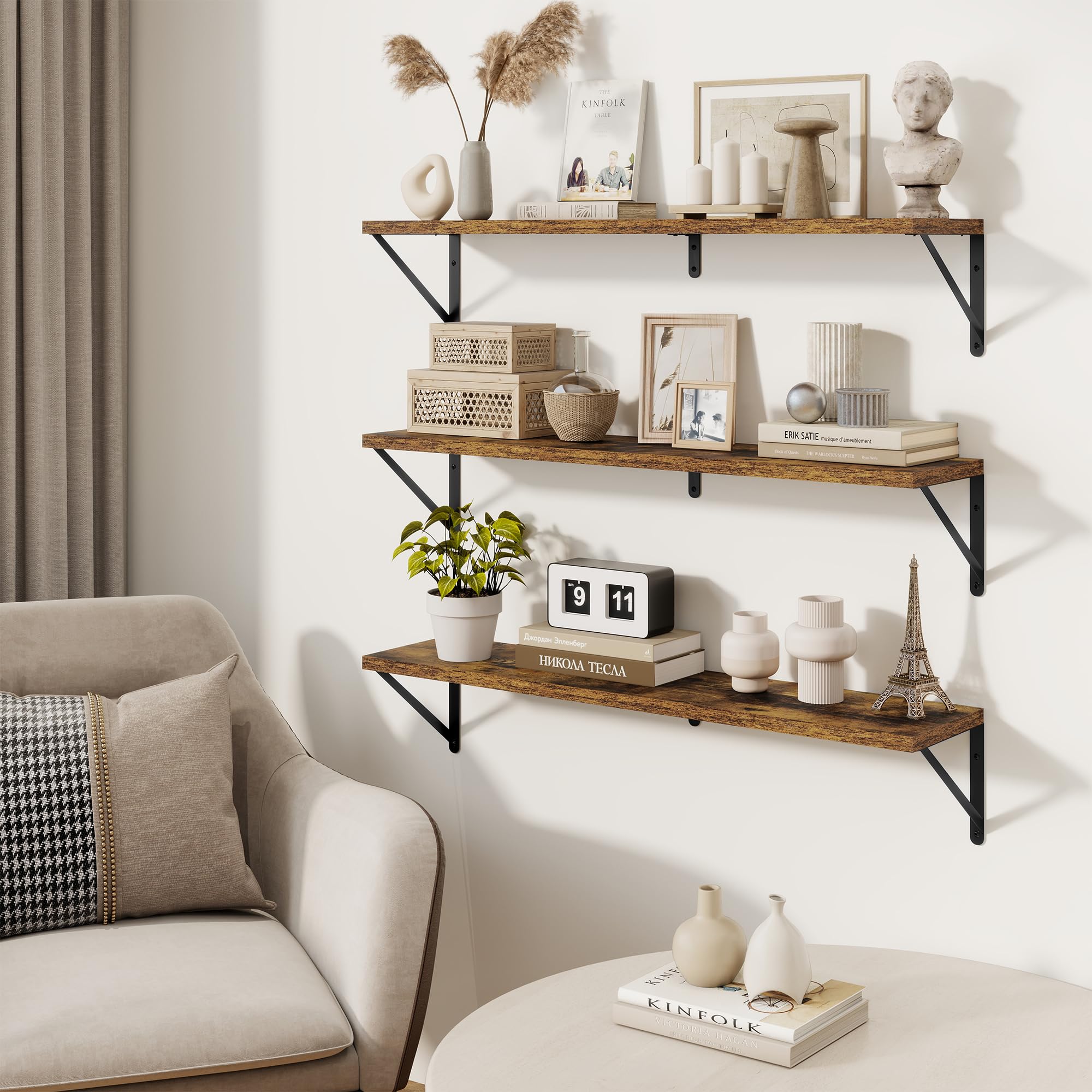 Feihorrm 3er Set Bücherregal, Wandregal Rustikal Braun, Regal 90cm Breit | Wandregal Holz, Bücherregal Wand, Regale für Wände, Bücherregal Holz für Wohnzimmer, Schlafzimmer & Arbeitszimmer