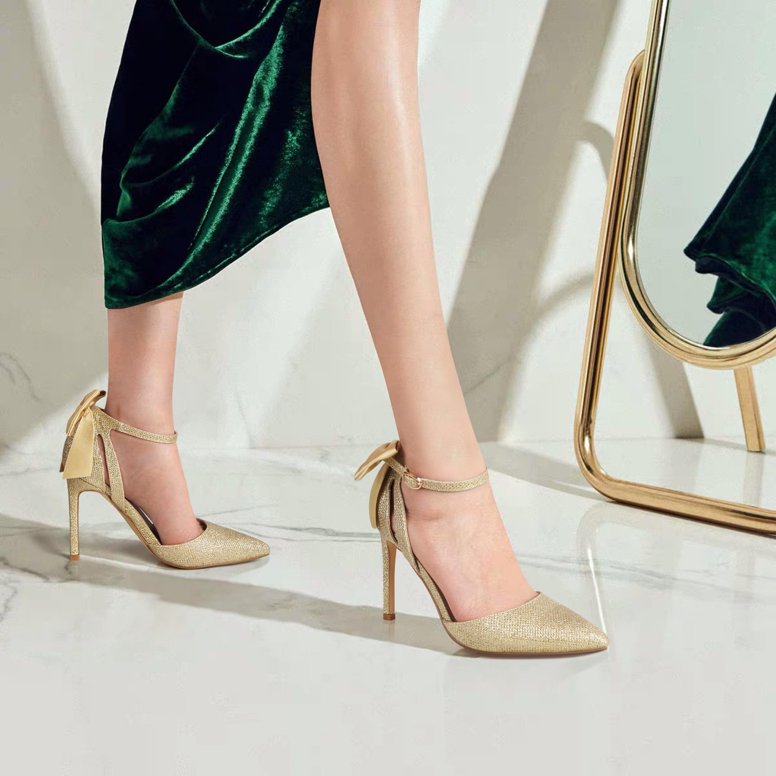 Carcuume Women's Closed Toe Heels Bow Stiletto Heel Sandals Pointed Toe Pumps Wedding Shoes: 9 Gold Glitter