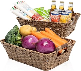 Wicker Baskets 2 Pack, Washable Big Wicker Baskets for Storage with Wooden Handles, Waterproof Plastic Wicker Storage Basket for Shelves, Large Wicker Basket in Size 14.5"x10.6"x4.5", Brown