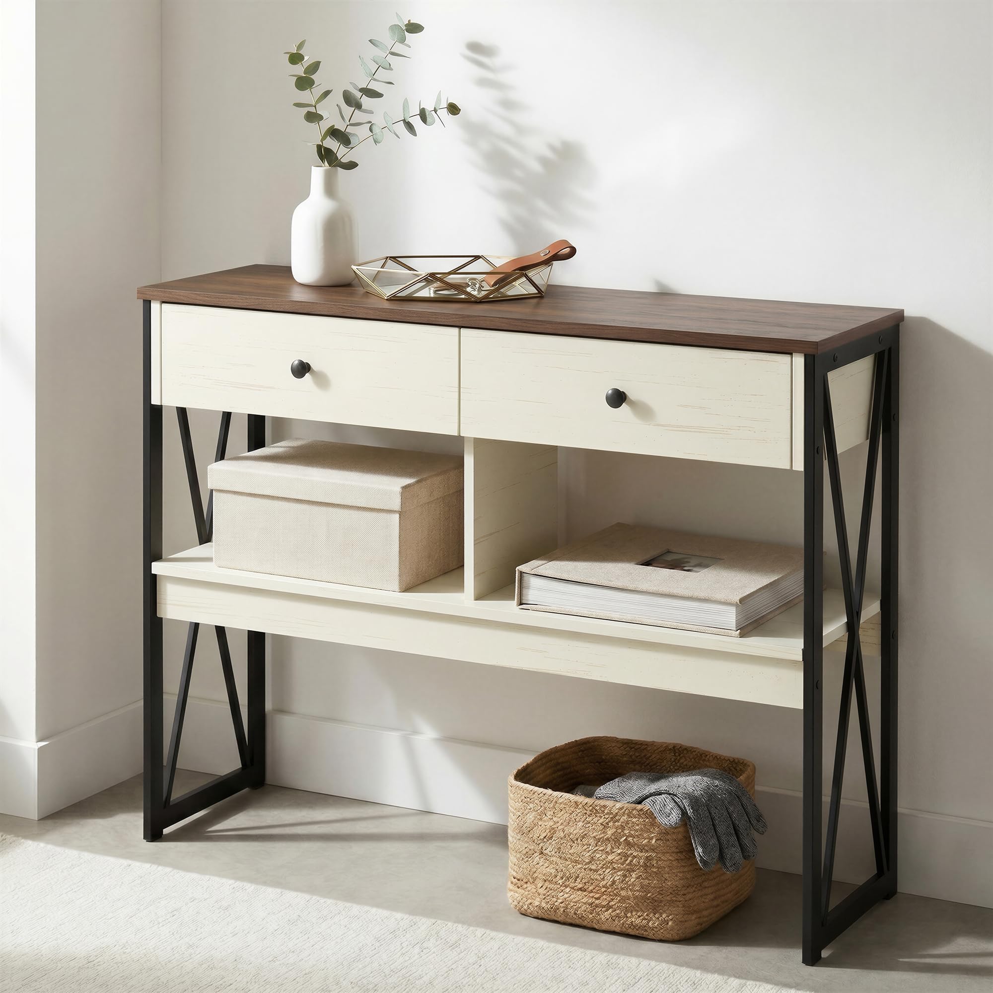Manora Mesa de Consola Industrial, Mesa de Entrada con 2 Cajones y estantes de Almacenamiento, Mueble de Entrada para Salón, Pasillo y Recibidor, 100 x 24 x 76cm, Blanco y Marrón