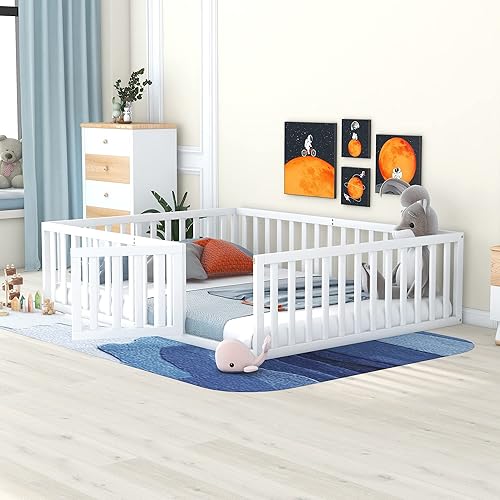 Miniatura 3 de Harper & Bright Designs Cama de suelo Queen con rieles, marco de cama de piso de madera con valla y puerta, para niños y niñas (blanco)