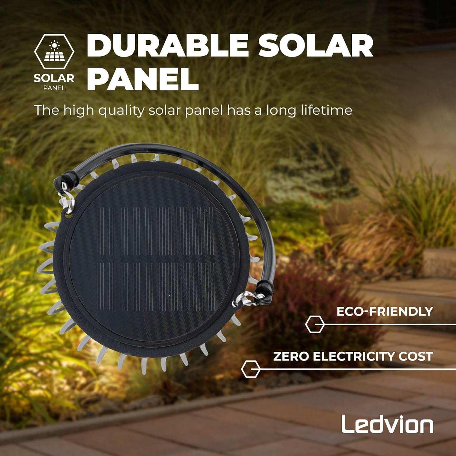 Close-up of the top of the Ledvion Solar LED Table Lamp, showing the integrated solar panel. Text indicates 'Durable Solar Panel', 'Eco-Friendly', and 'Zero Electricity Cost'.