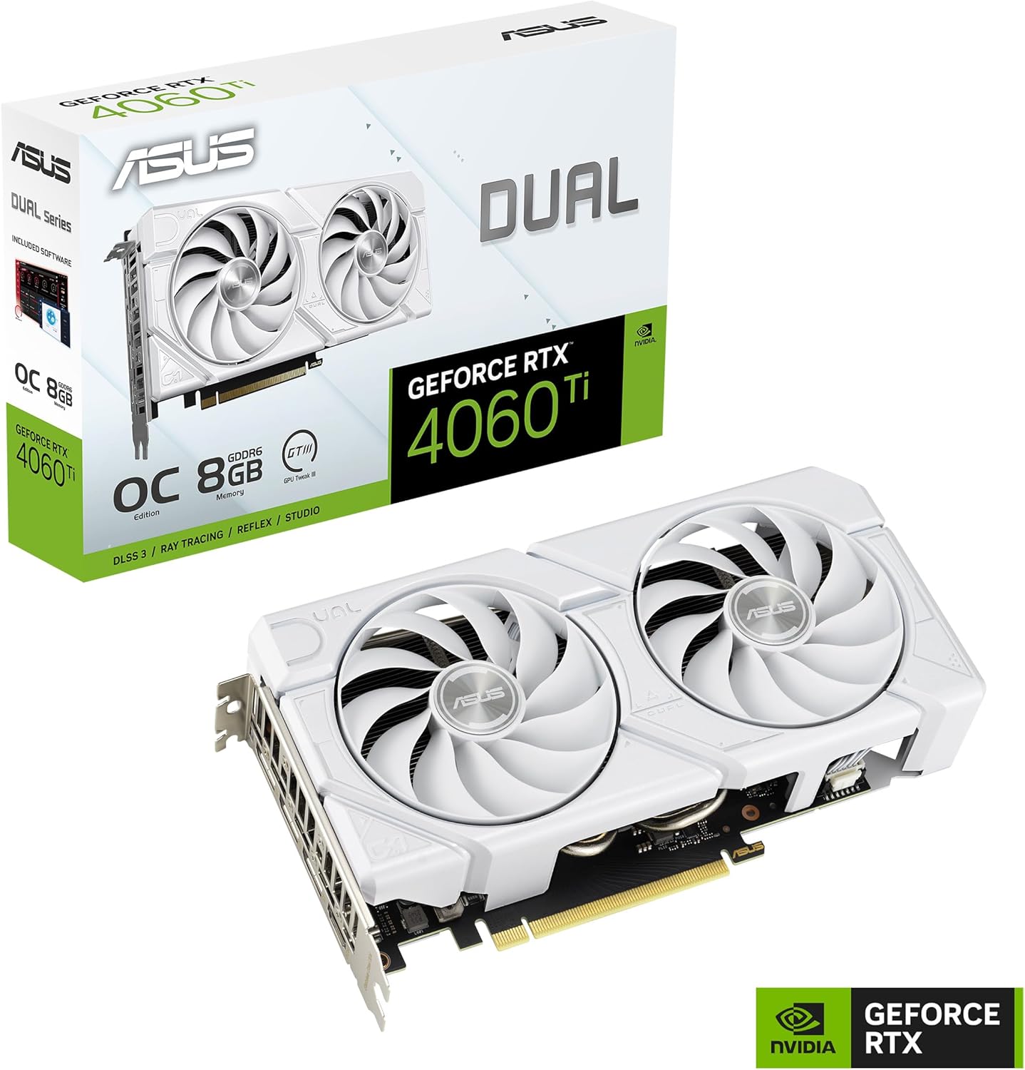 ASUS Dual GeForce RTX™ 4060 Ti EVO White OC Edition 8GB GDDR6 (PCIe 4.0, 8GB GDDR6, DLSS 3, HDMI 2.1a, DisplayPort 1.4a, Axial-tech fan design, 0dB technology, Protective Backplate, Auto-Extreme Tech)