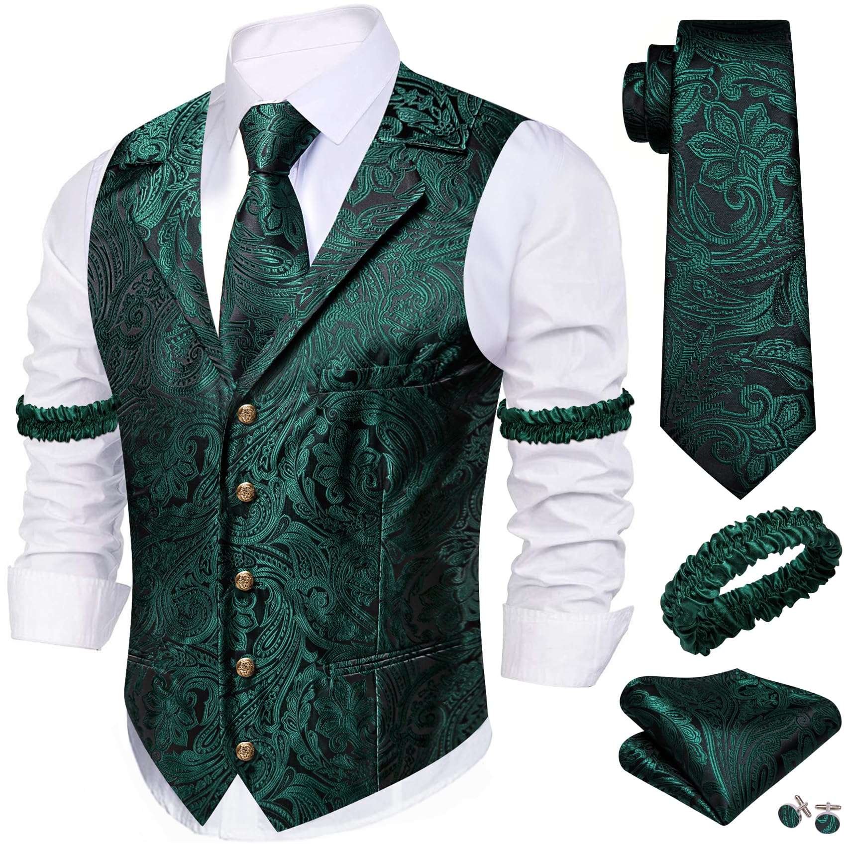 Barry.Wang Mens Silk Paisley/Floral Suit Vest Tie Sleeve Holder Set 5PCS